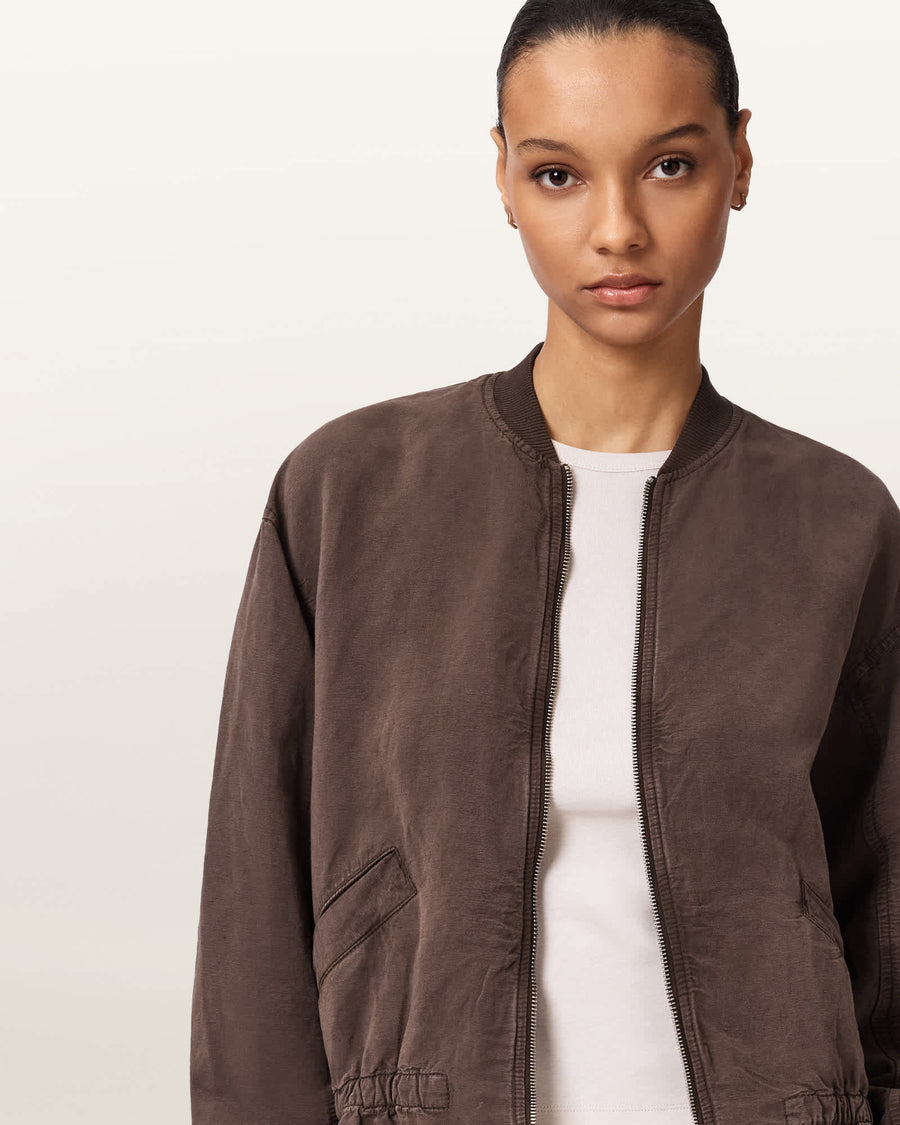 Sofi Linen Blend Drawstring Bomber Jacket PLUM BROWN