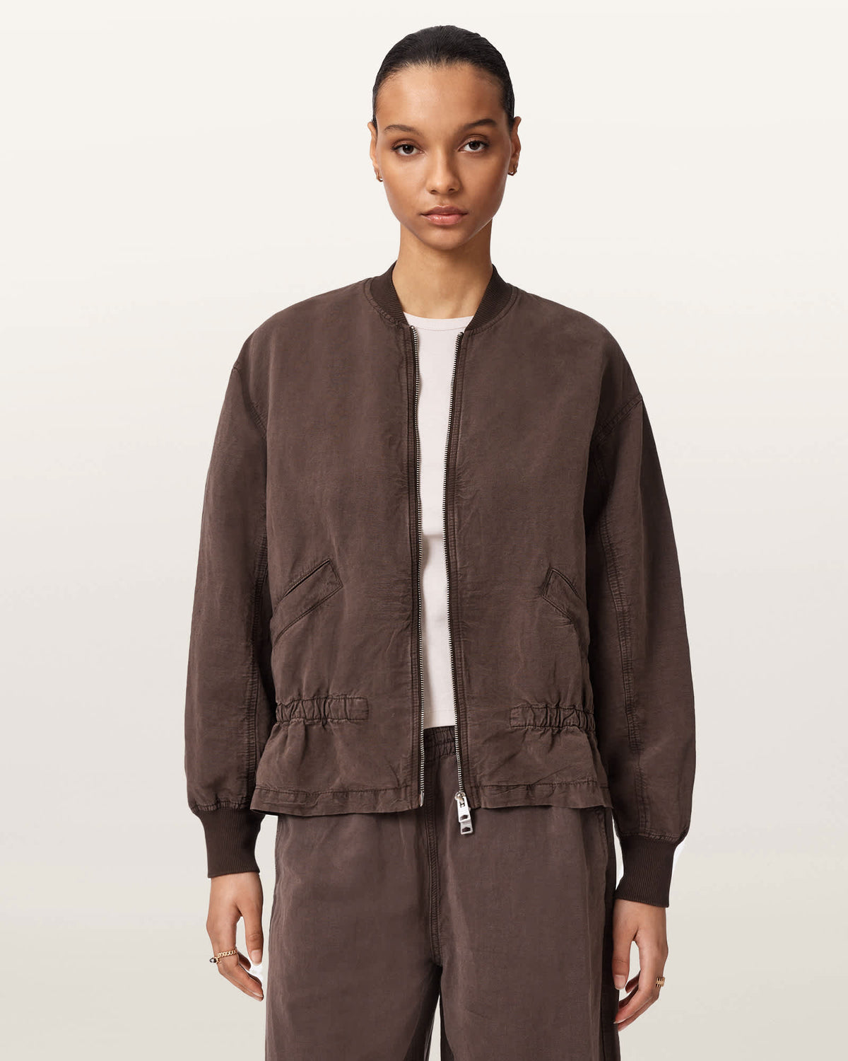Sofi Linen Blend Drawstring Bomber Jacket PLUM BROWN