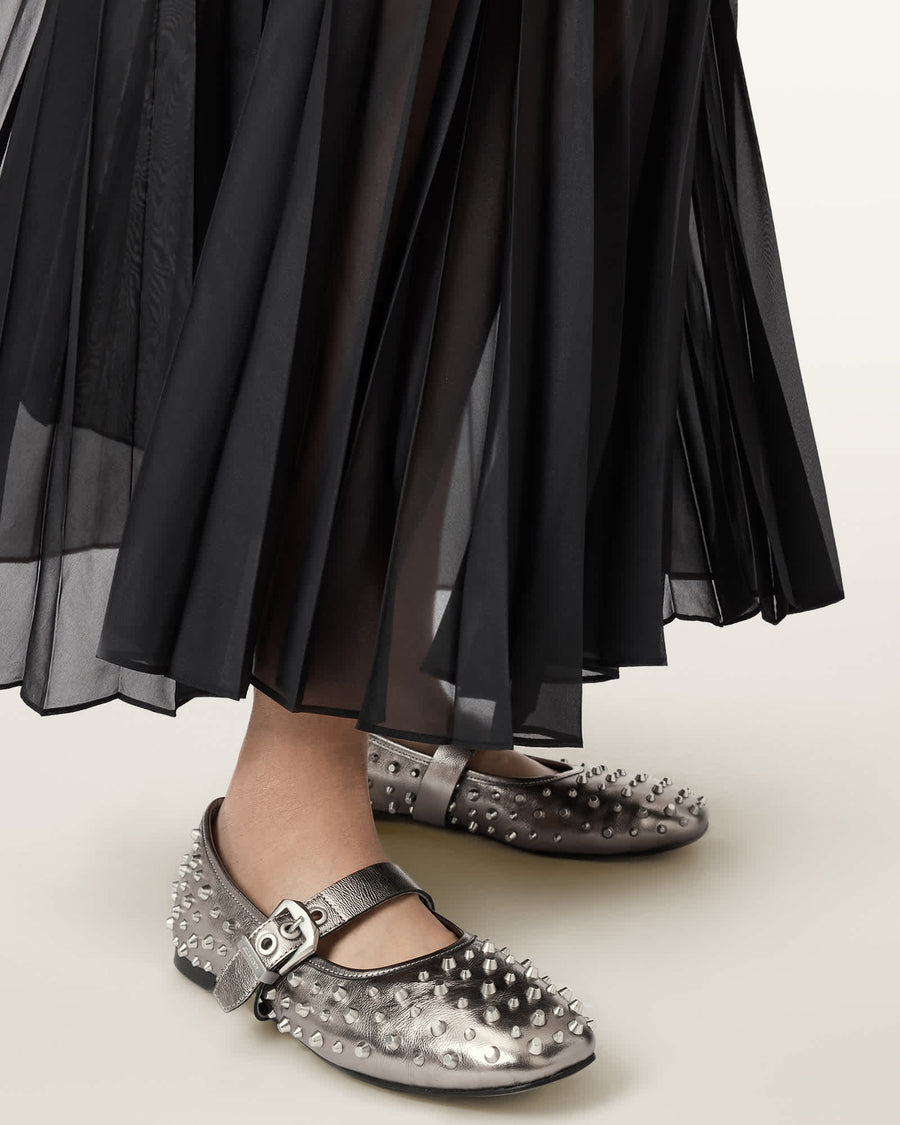 Holly Leather Stud Ballet Flats Gunmetal Grey