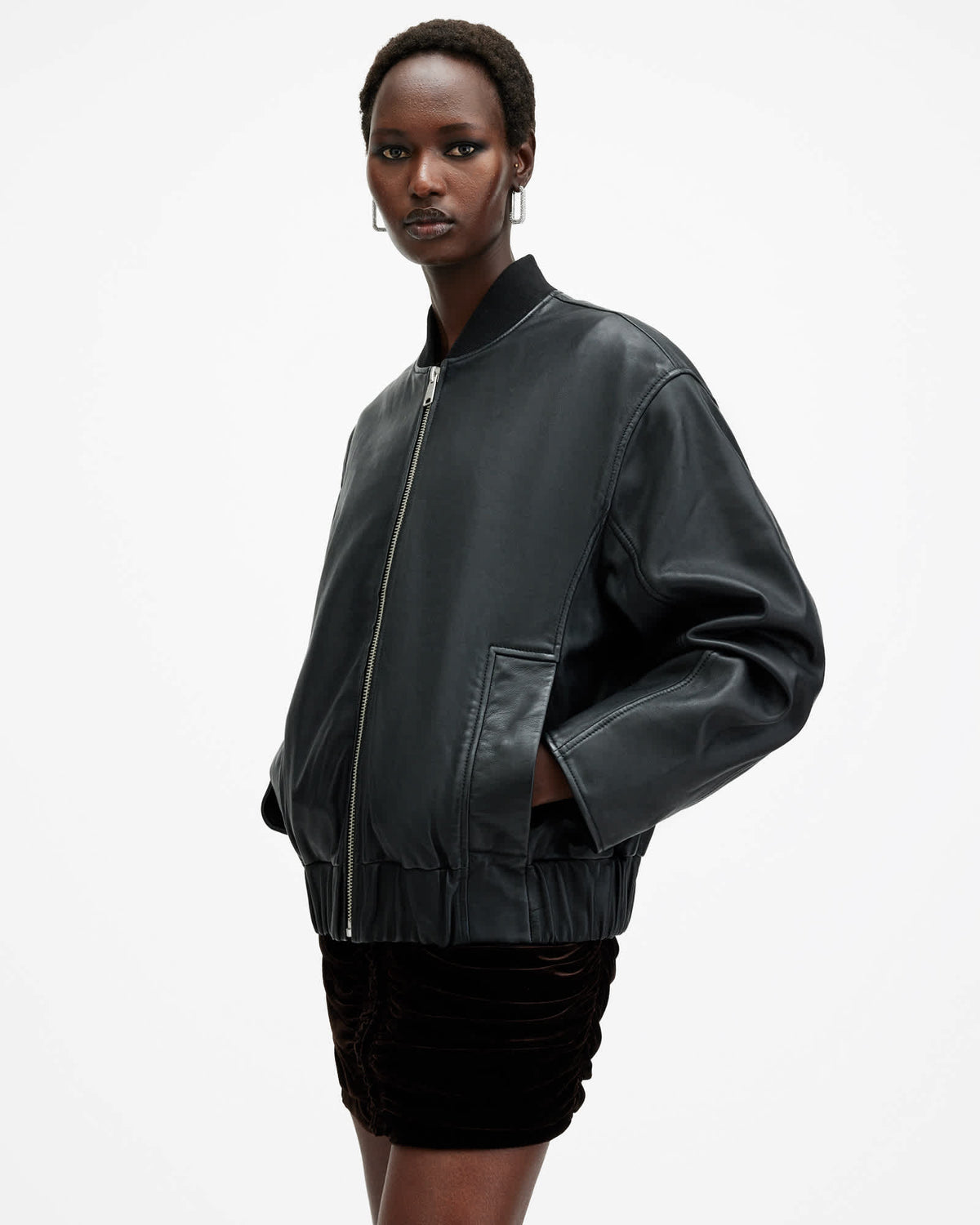 Yara Relaxed Fit Leather Bomber Jacket Black