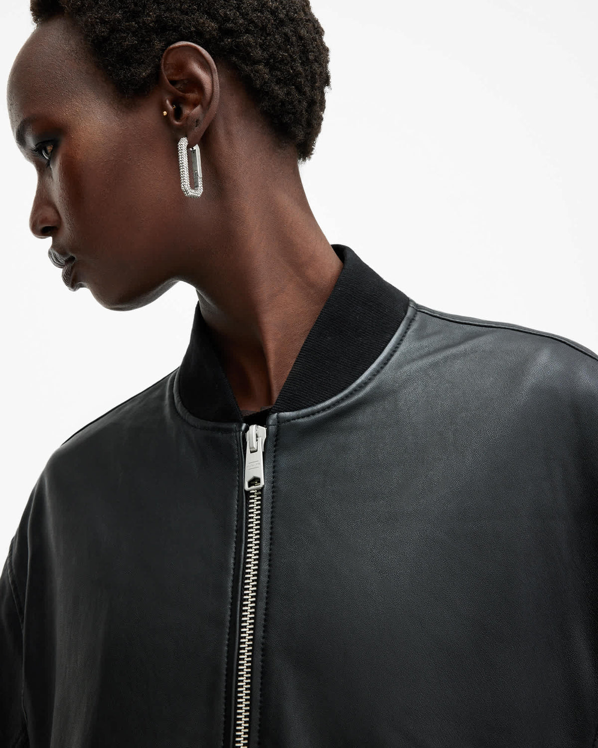Yara Relaxed Fit Leather Bomber Jacket Black