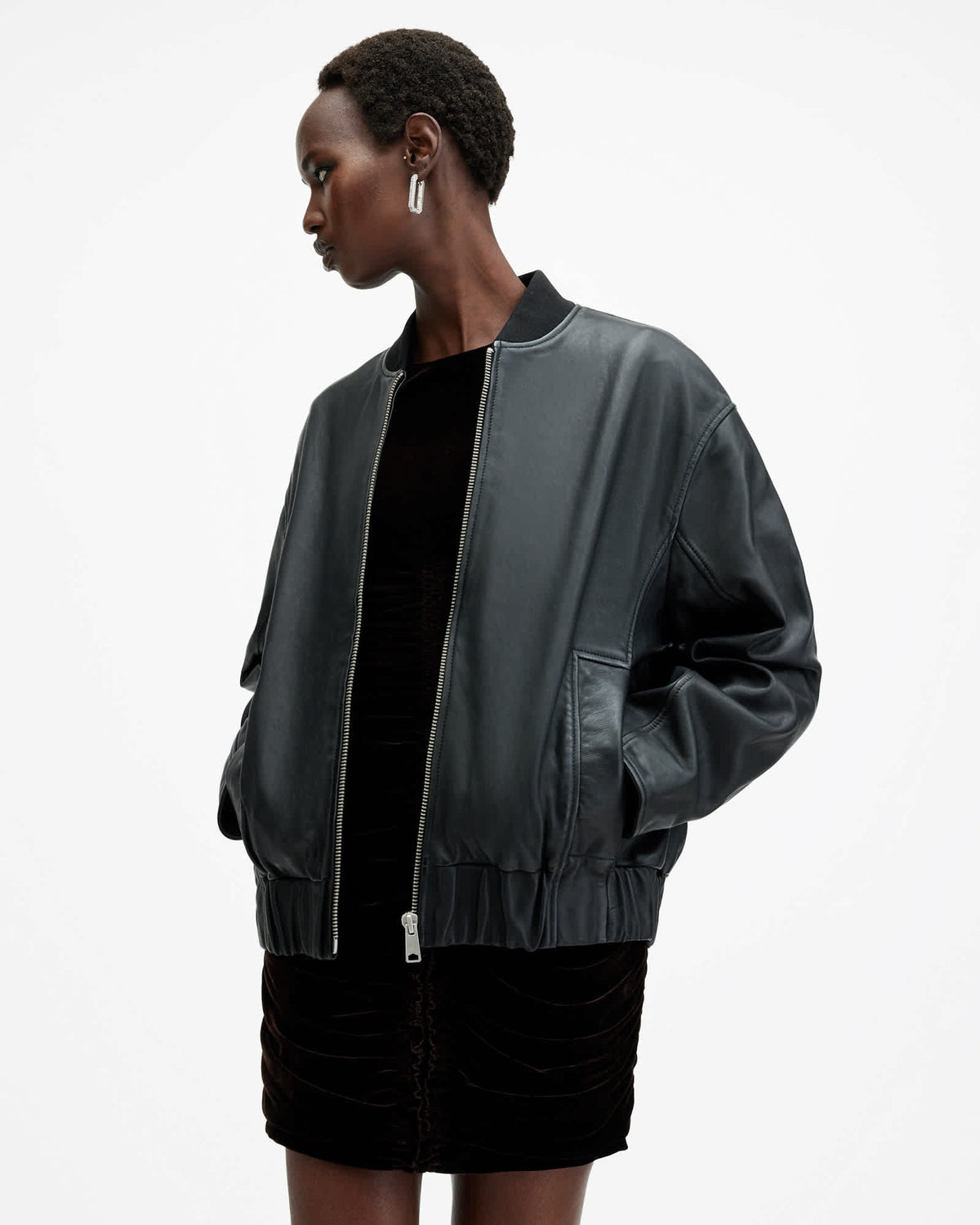 Yara Relaxed Fit Leather Bomber Jacket Black