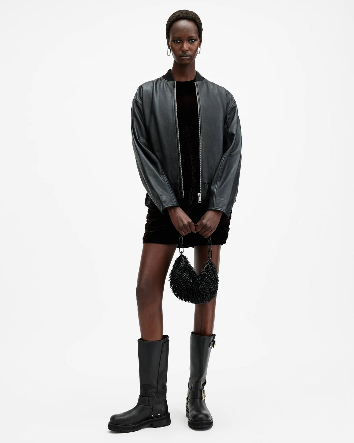 Yara Relaxed Fit Leather Bomber Jacket Black