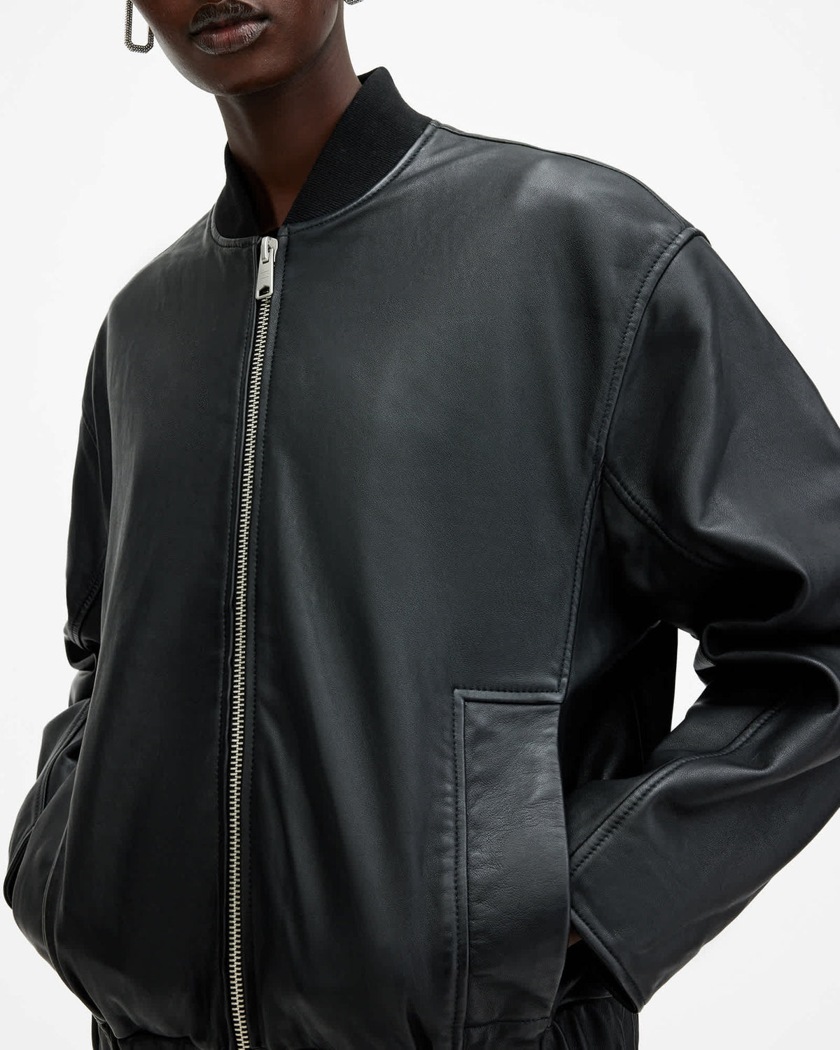 Yara Relaxed Fit Leather Bomber Jacket Black