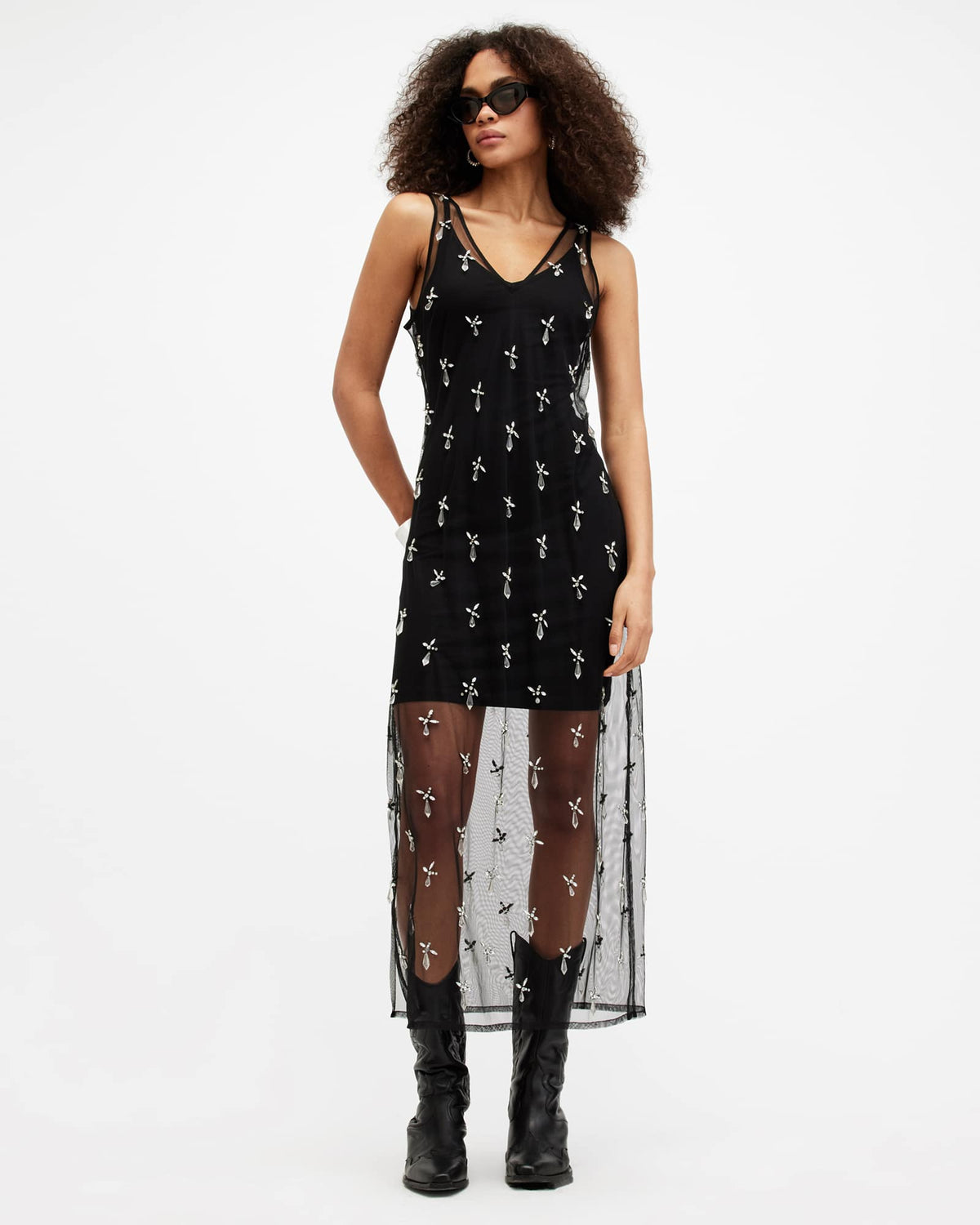 Kai Mesh Crystal Embellished Maxi Dress Black