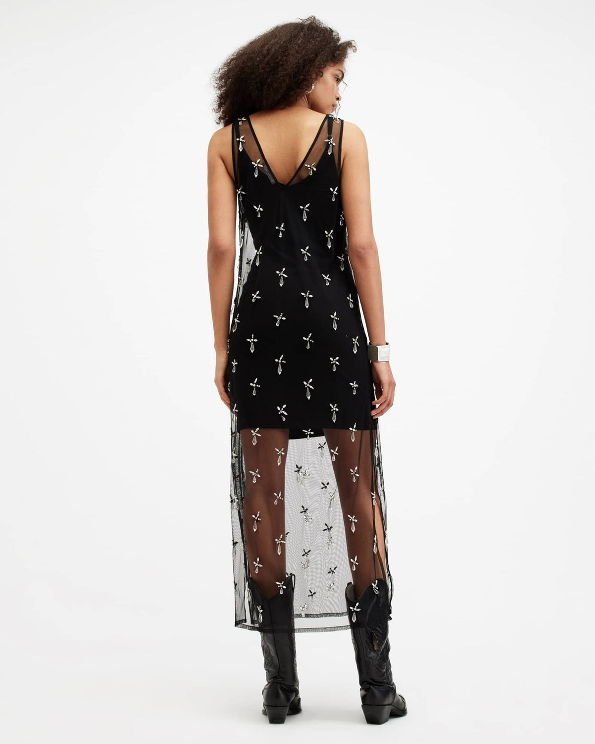 Kai Mesh Crystal Embellished Maxi Dress Black