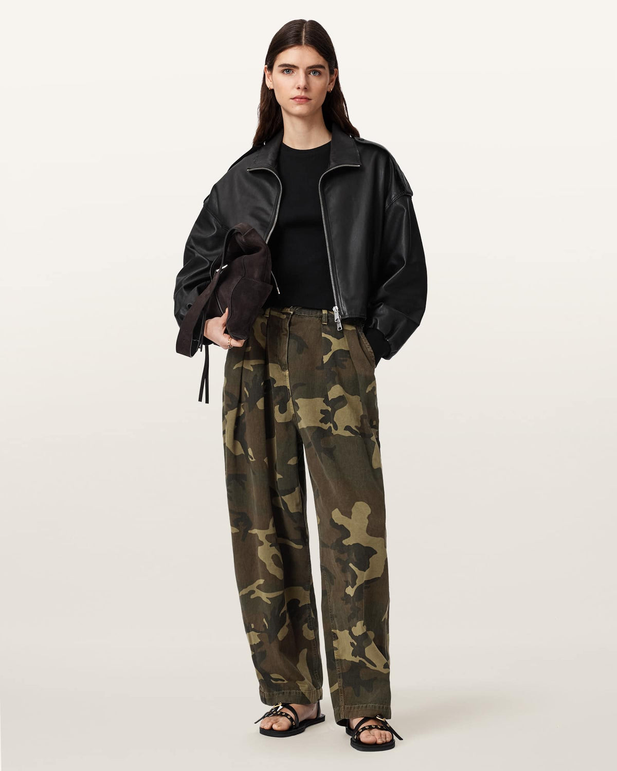 Becca Camo Denim Barrel Leg Trousers CAMO GREEN