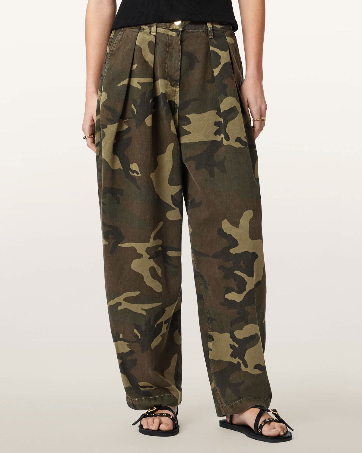 Becca Camo Denim Barrel Leg Trousers CAMO GREEN