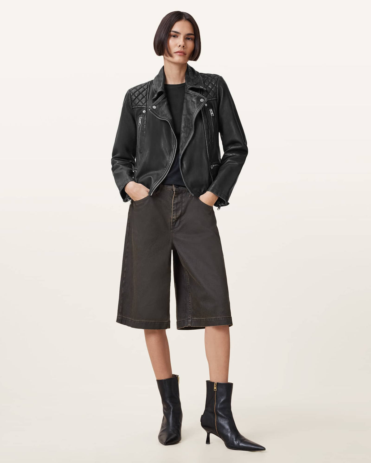 Cargo Distressed Leather Biker Jacket Black/Grey
