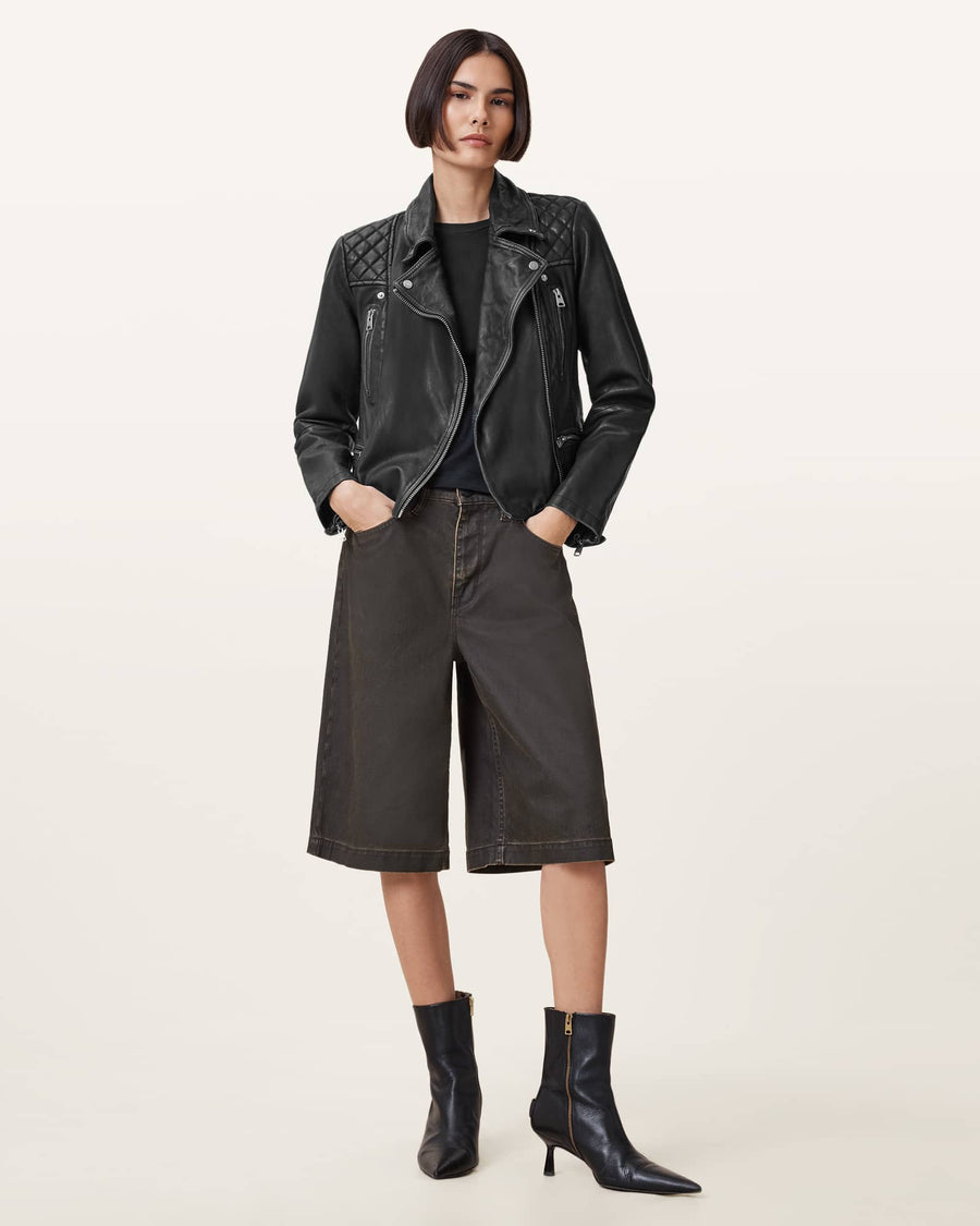 Cargo Distressed Leather Biker Jacket Black/Grey