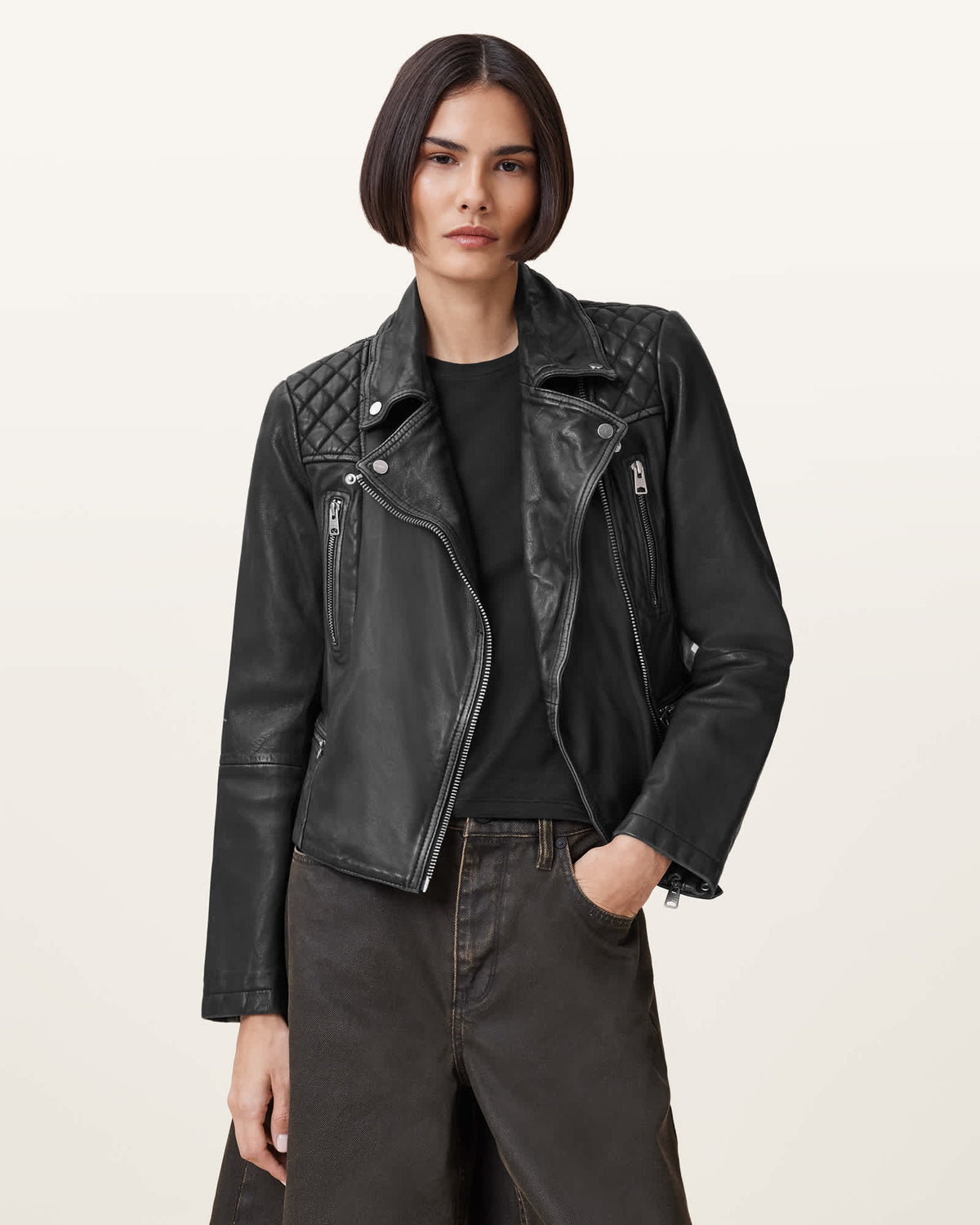 Cargo Distressed Leather Biker Jacket Black/Grey