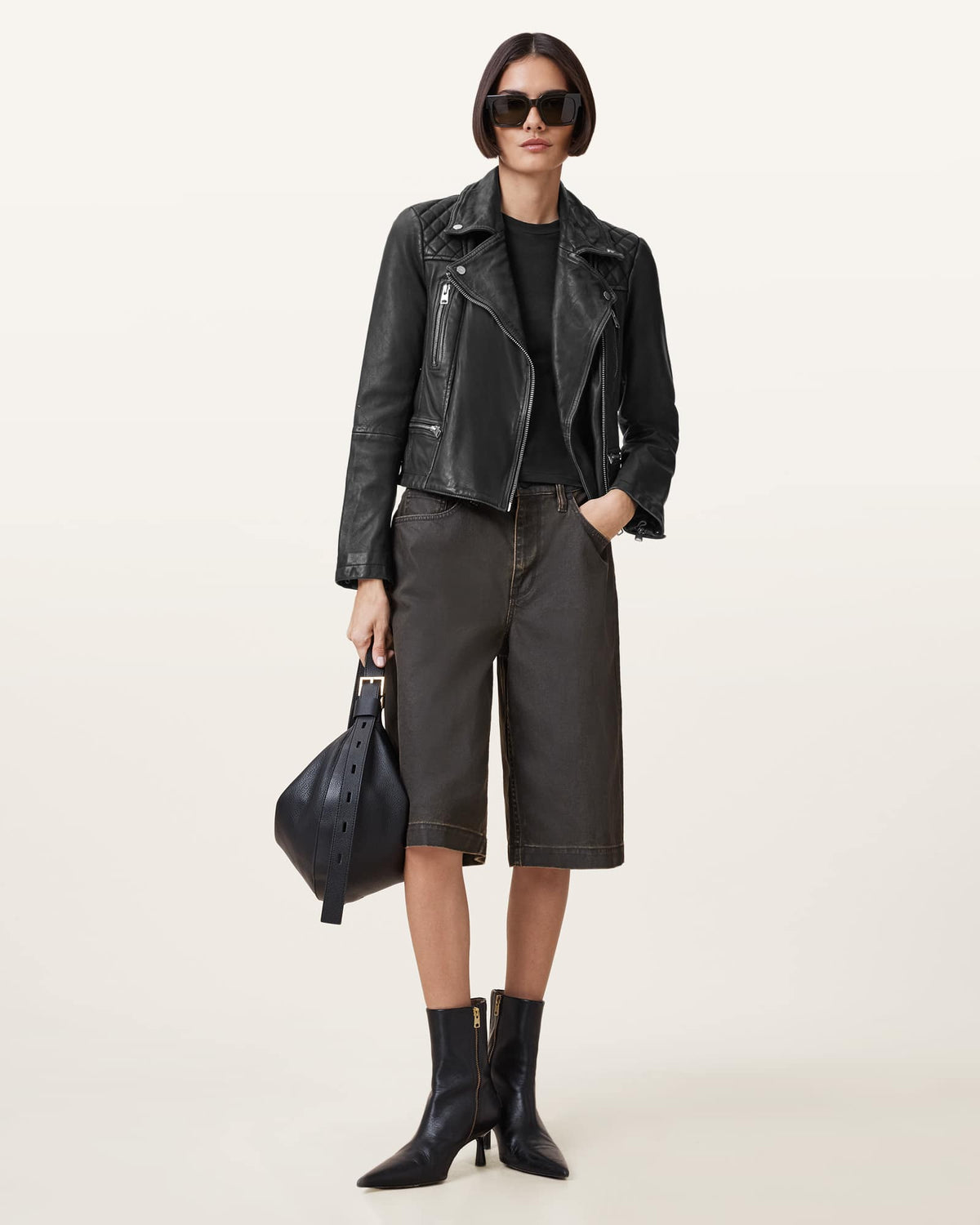 Cargo Distressed Leather Biker Jacket Black/Grey