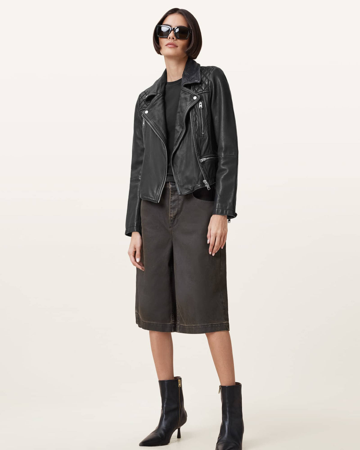 Cargo Distressed Leather Biker Jacket Black/Grey