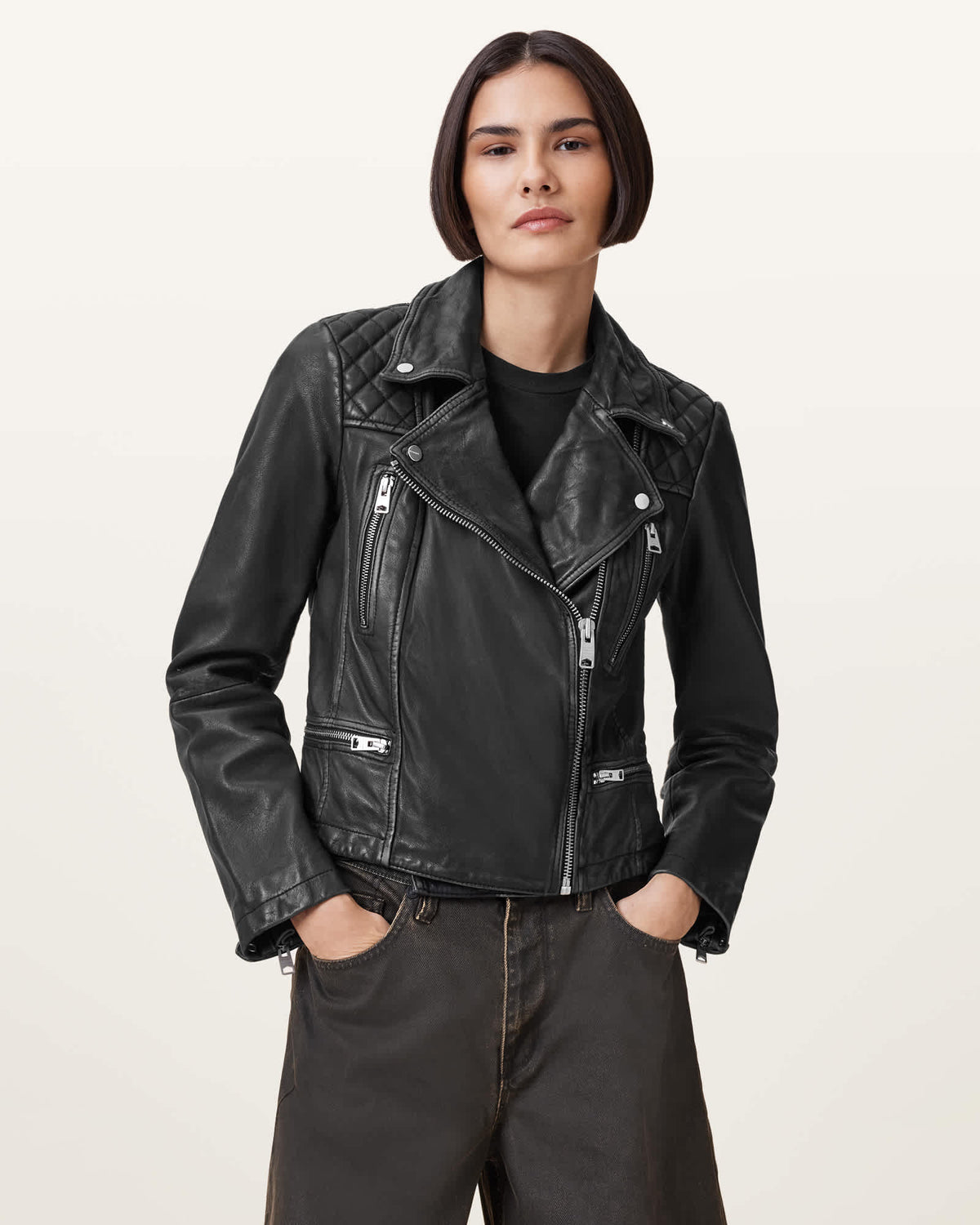 Cargo Distressed Leather Biker Jacket Black/Grey