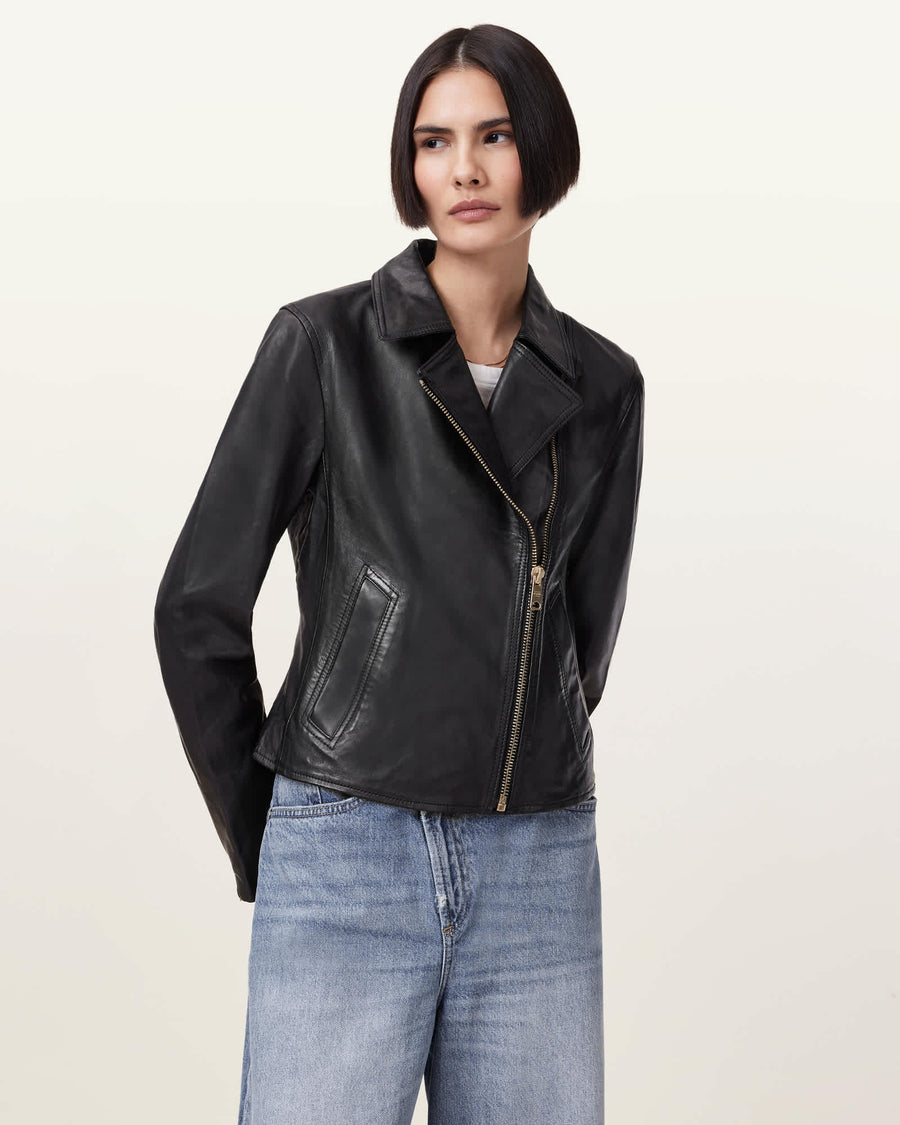 Vela Slim Fit Leather Biker Jacket BLACK/GOLD