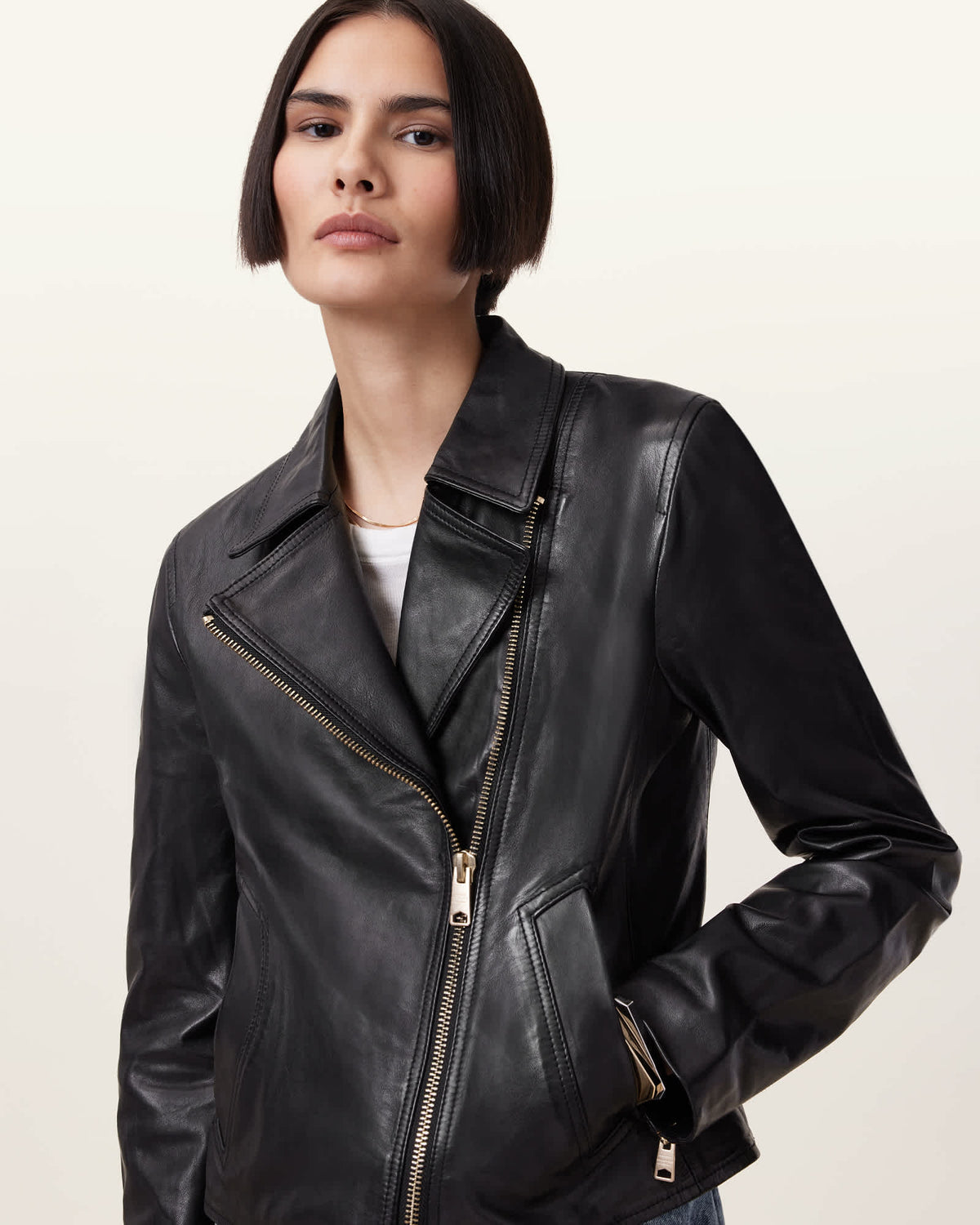 Vela Slim Fit Leather Biker Jacket BLACK/GOLD