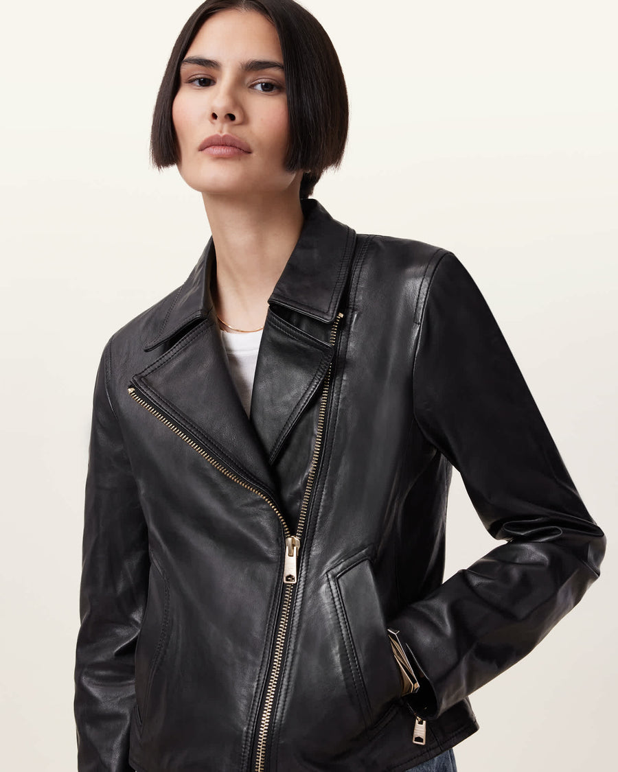 Vela Slim Fit Leather Biker Jacket BLACK/GOLD