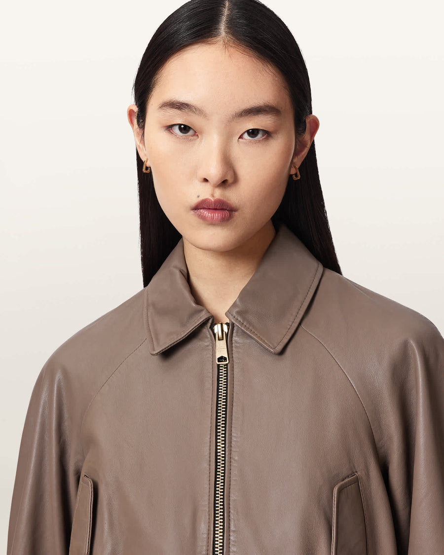 Anouk Cropped Leather Bomber Jacket MOLE BROWN