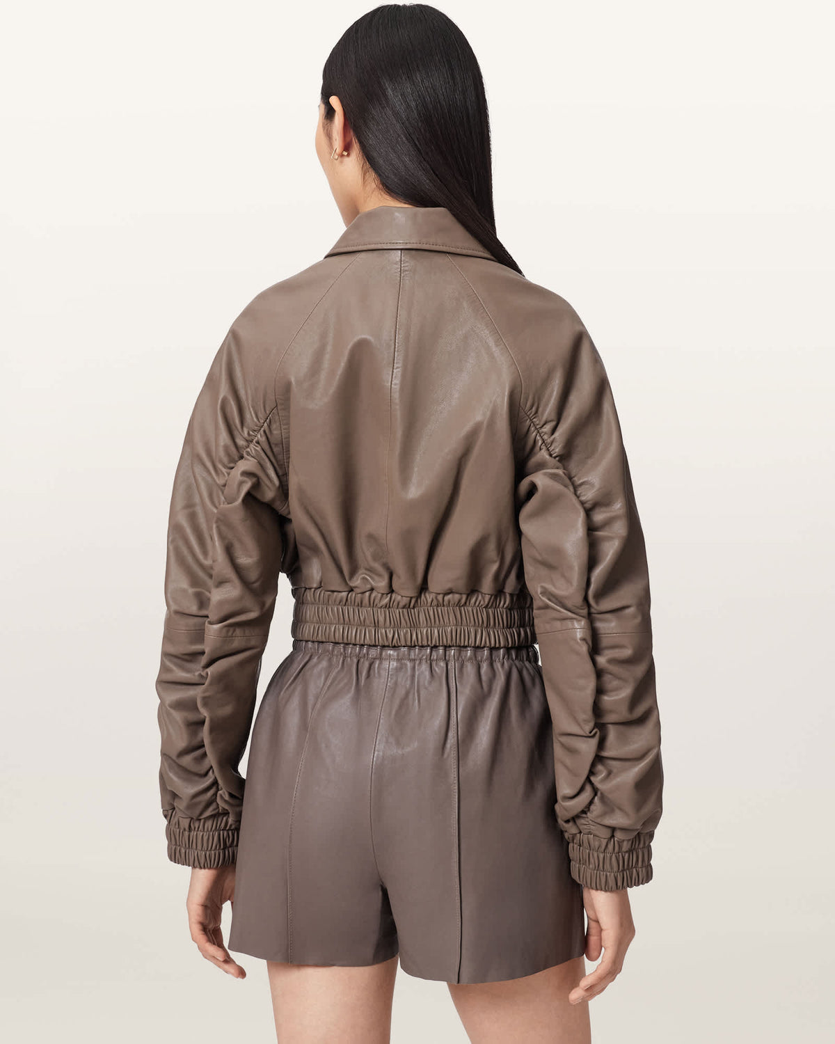 Anouk Cropped Leather Bomber Jacket MOLE BROWN