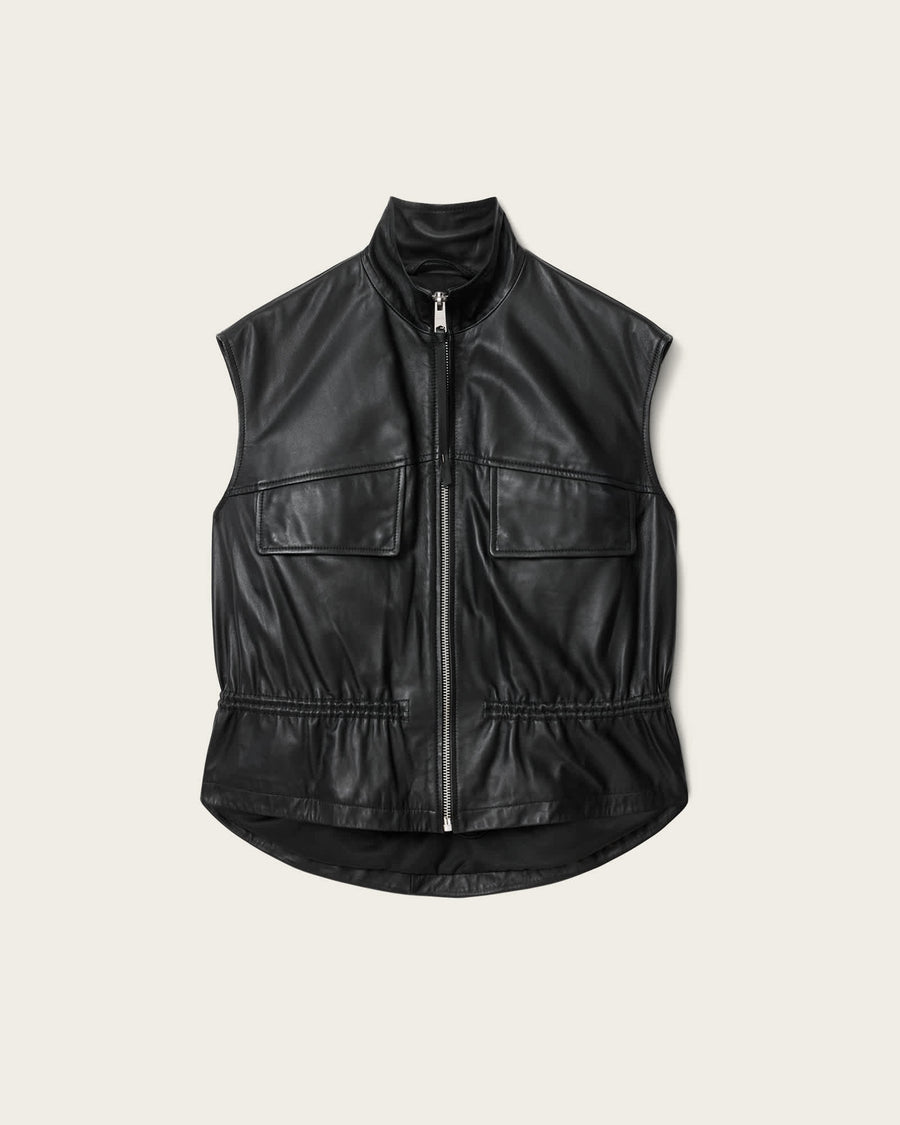 Flor Relaxed Fit Leather Gilet Black