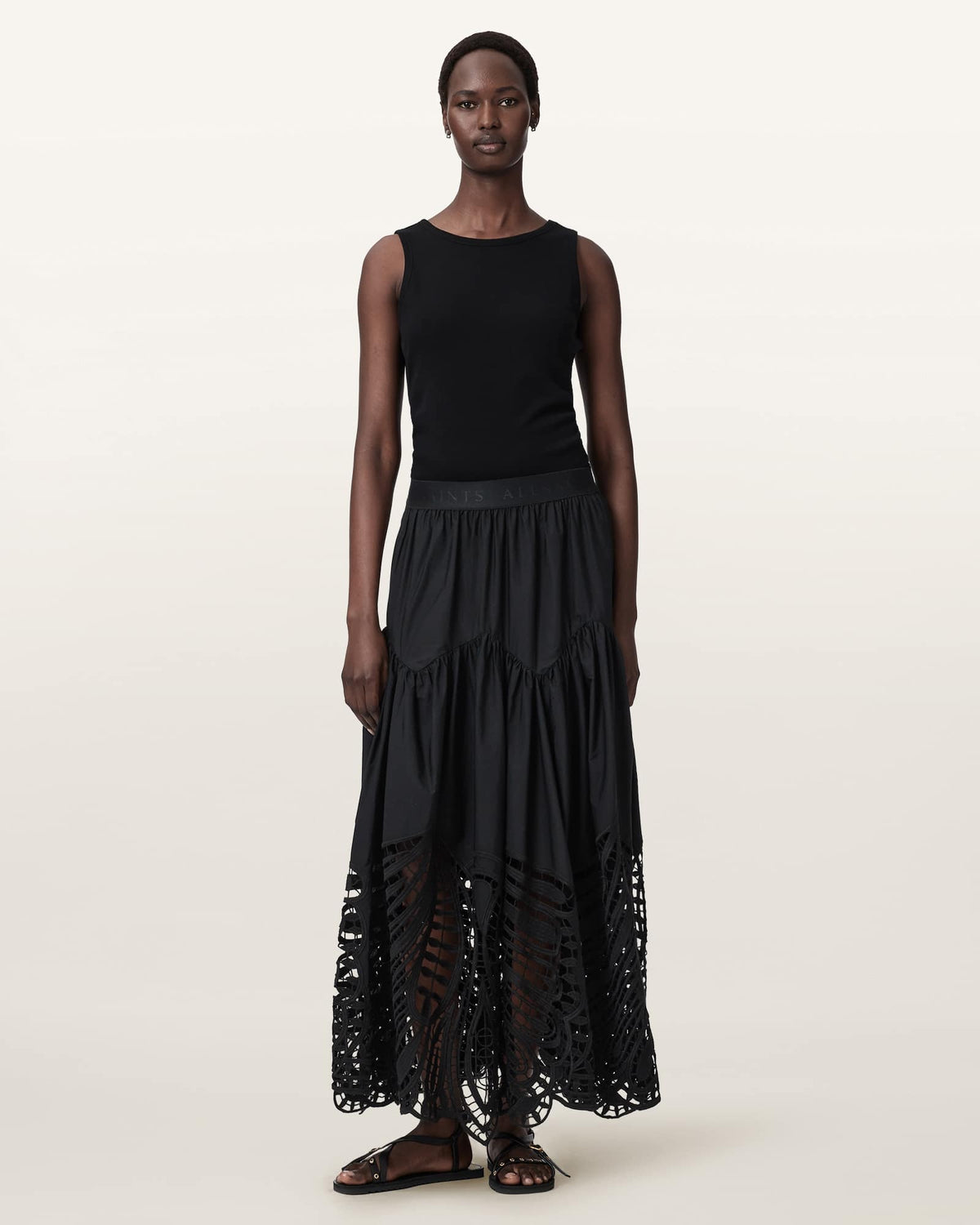 Femi Tiered Cotton Maxi Skirt Black