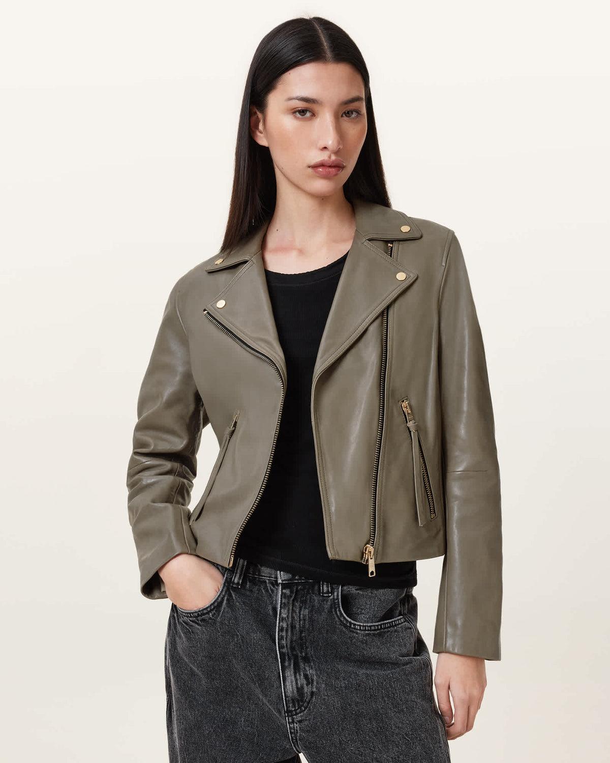 Dalby Slim Fit Leather Biker Jacket DUSTY OLIVE GREEN