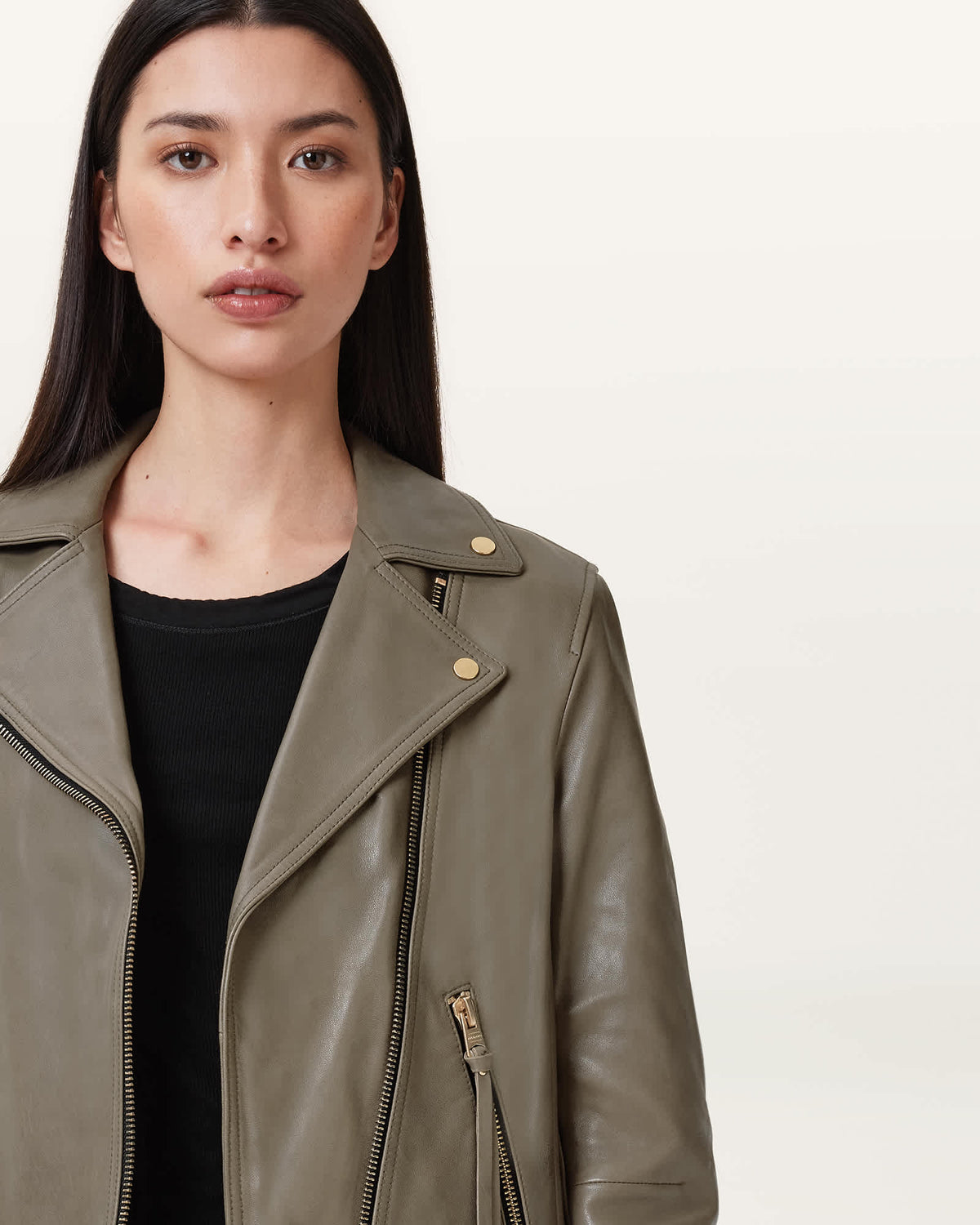 Dalby Slim Fit Leather Biker Jacket DUSTY OLIVE GREEN