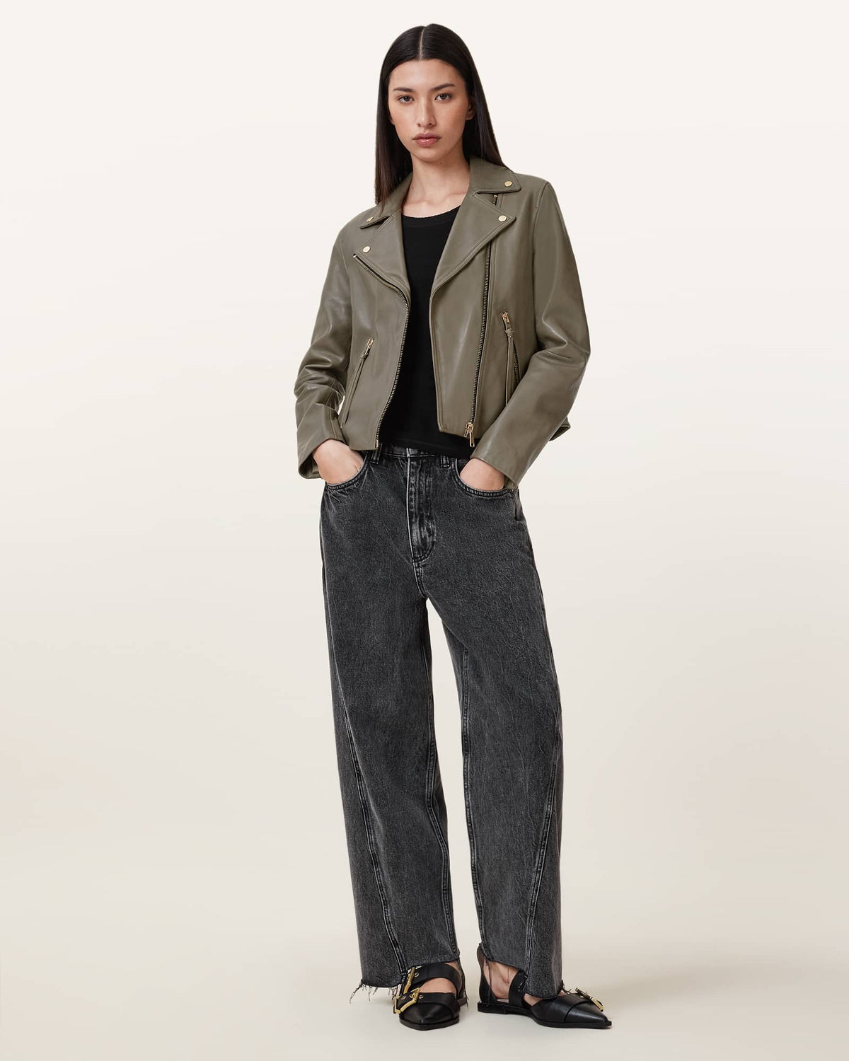 Dalby Slim Fit Leather Biker Jacket DUSTY OLIVE GREEN