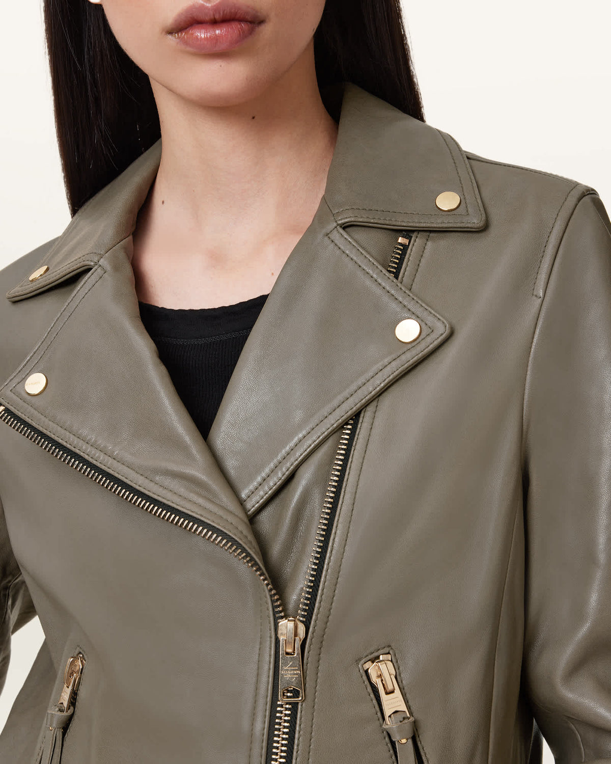 Dalby Slim Fit Leather Biker Jacket DUSTY OLIVE GREEN