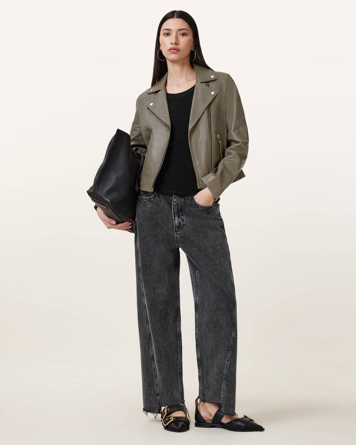 Dalby Slim Fit Leather Biker Jacket DUSTY OLIVE GREEN