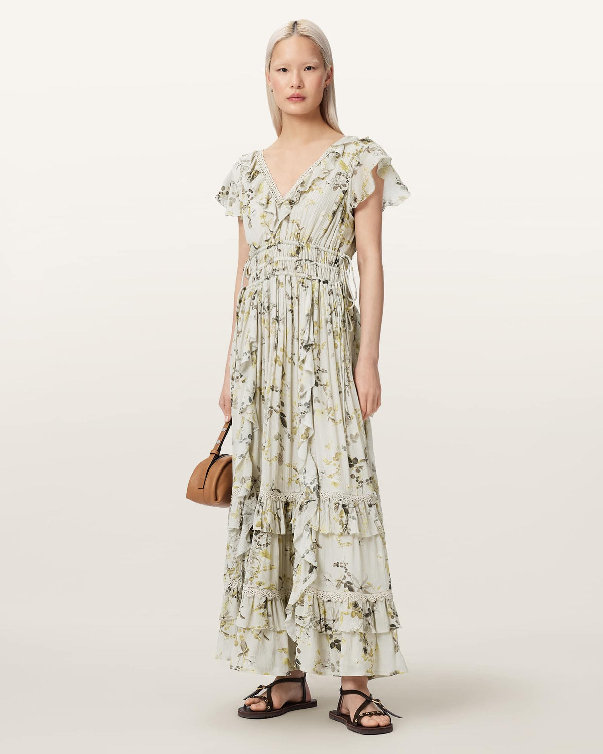 Canto Floral Ruffled Maxi Dress CARMEL STEM GREEN
