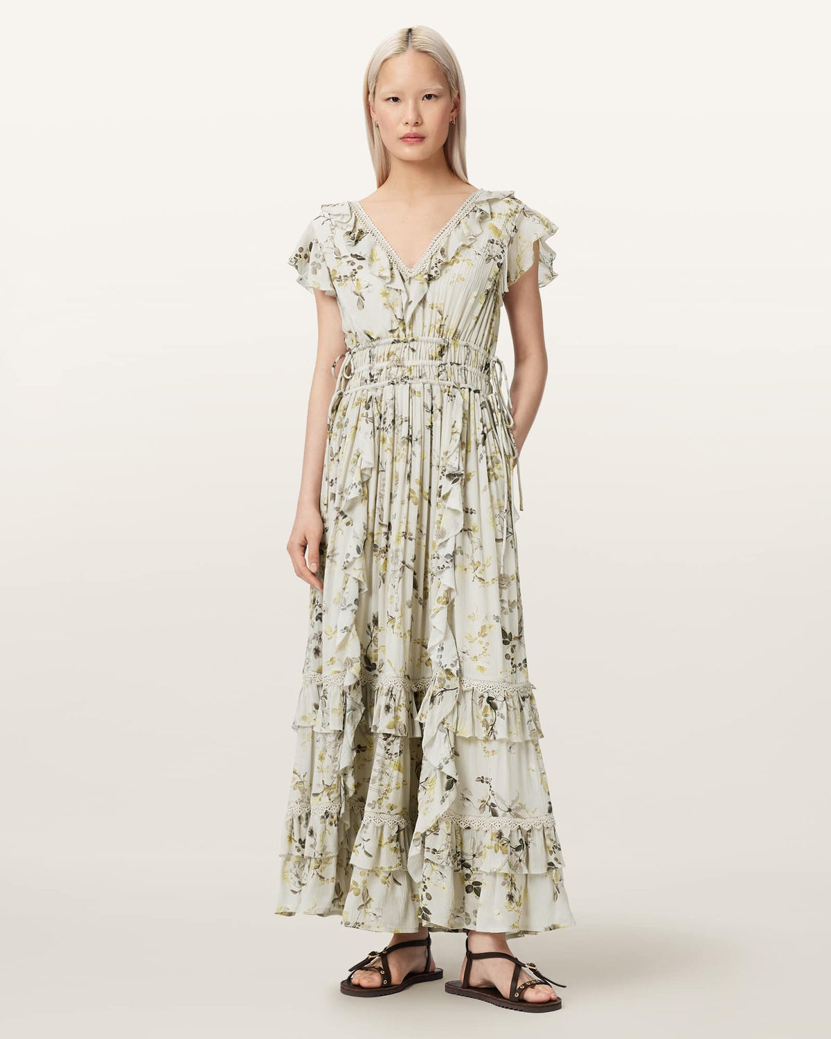 Canto Floral Ruffled Maxi Dress CARMEL STEM GREEN