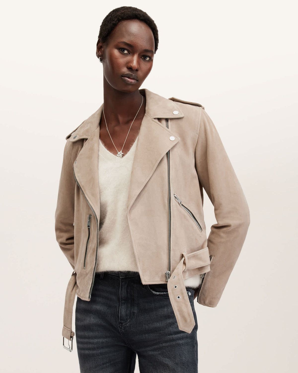Balfern Belted Suede Biker Jacket WARM TAUPE GREY