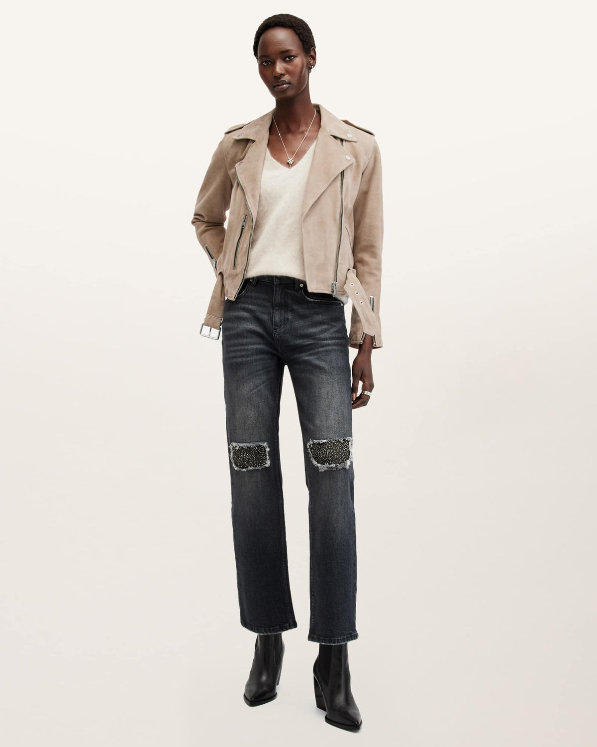 Balfern Belted Suede Biker Jacket WARM TAUPE GREY