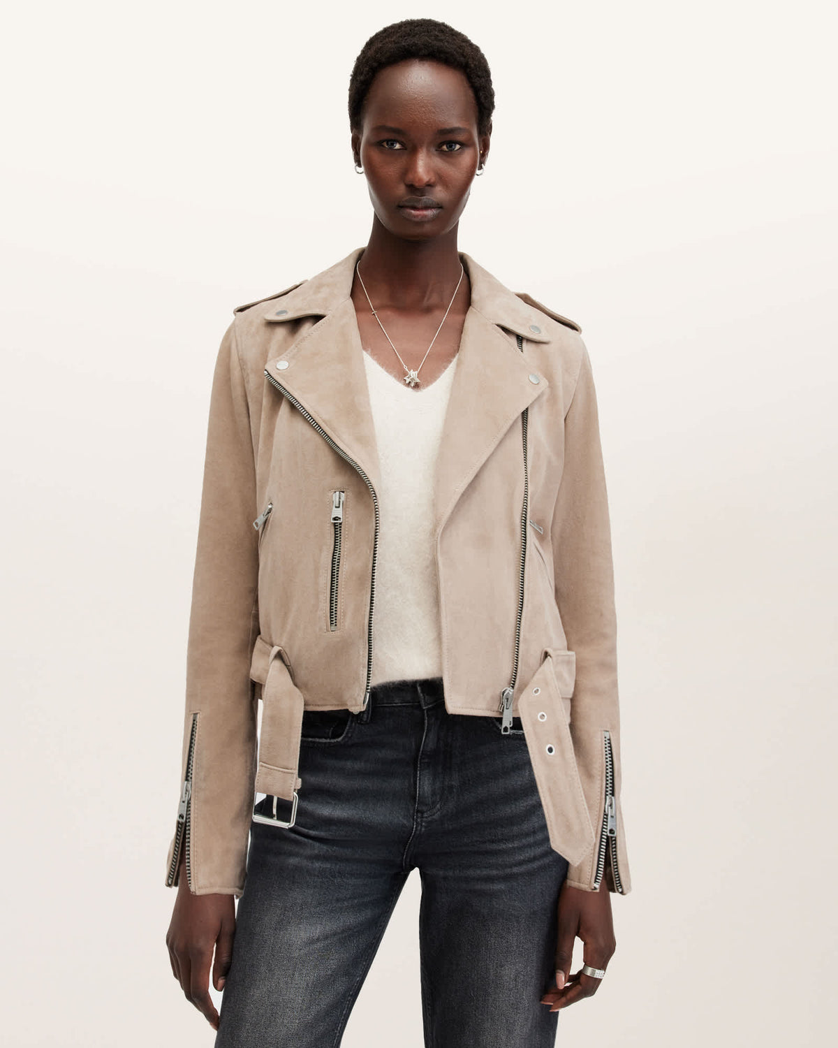 Balfern Belted Suede Biker Jacket WARM TAUPE GREY