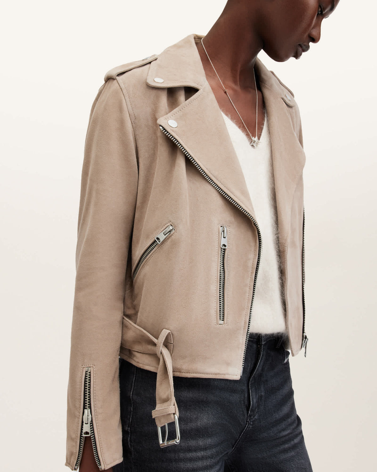 Balfern Belted Suede Biker Jacket WARM TAUPE GREY