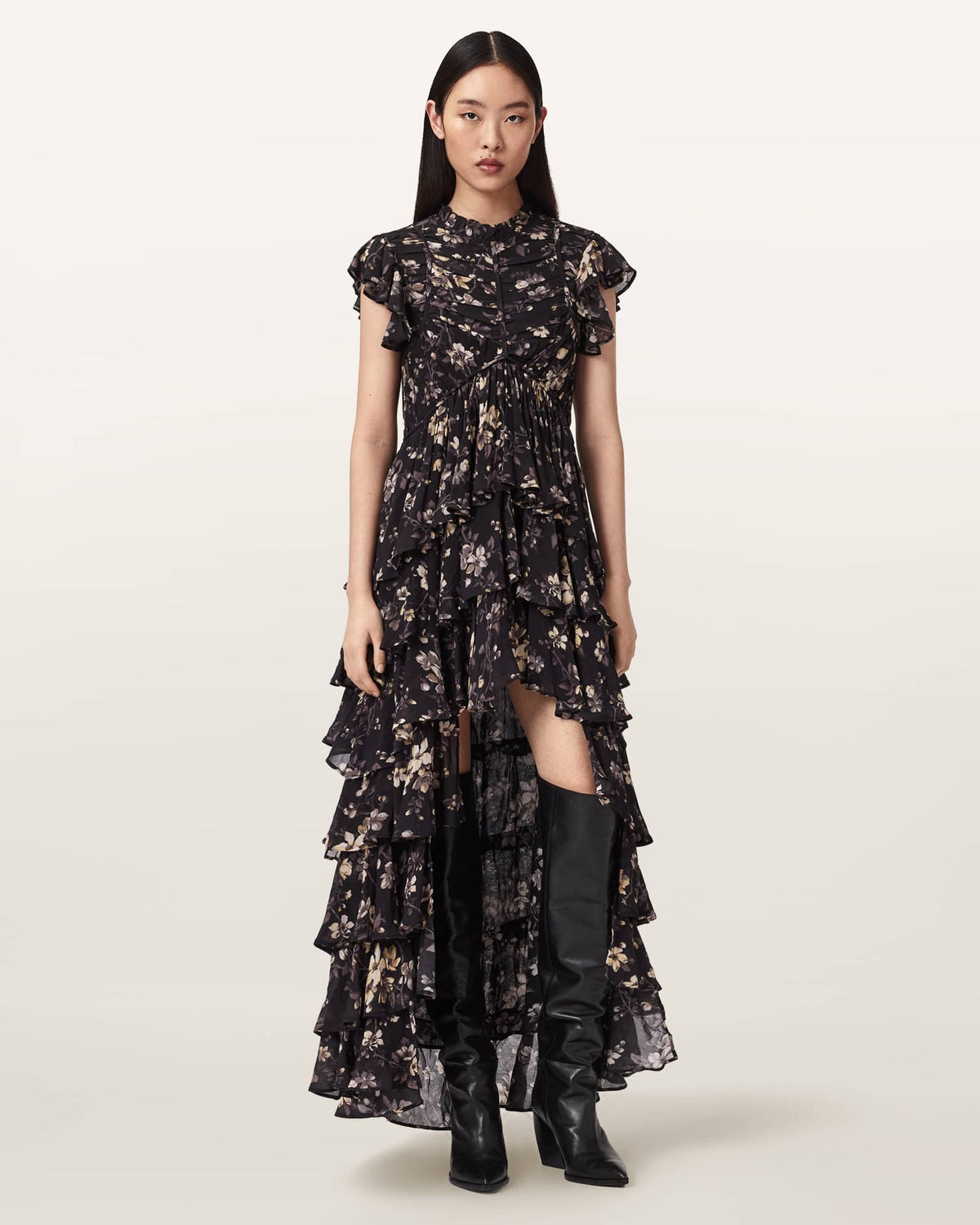 Shaela Floral Frill Maxi Dress VINE BLACK