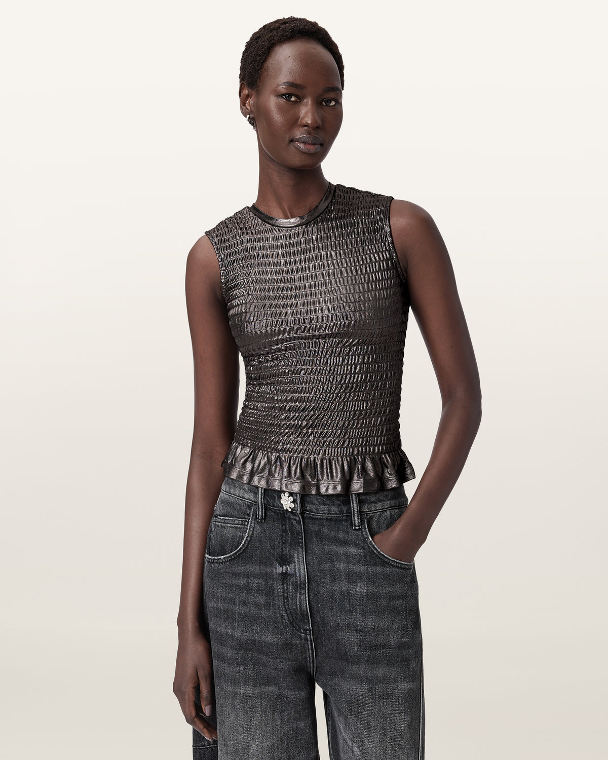 Ode Smocked Metallic Tank
