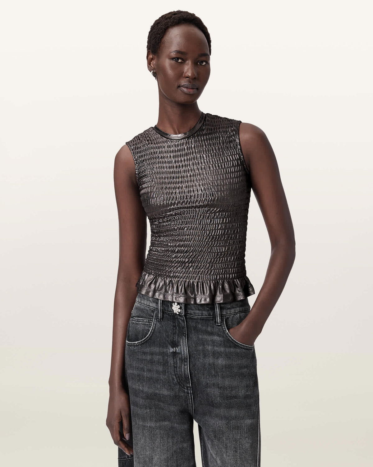 Ode Smocked Metallic Tank Gunmetal Grey