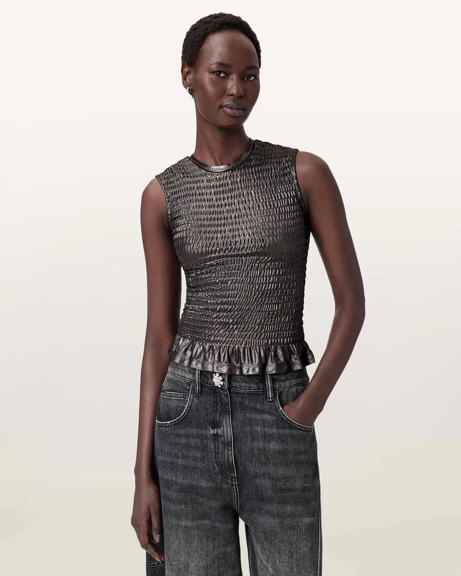 Ode Smocked Metallic Tank Gunmetal Grey