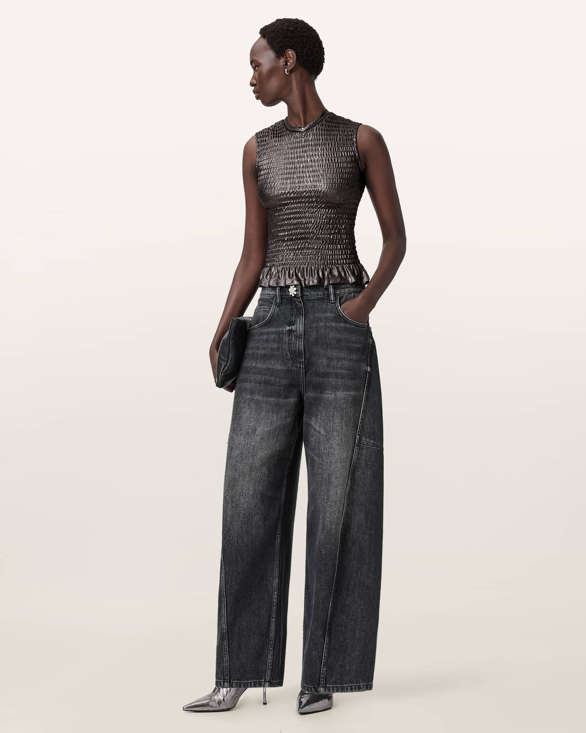 Ode Smocked Metallic Tank Gunmetal Grey