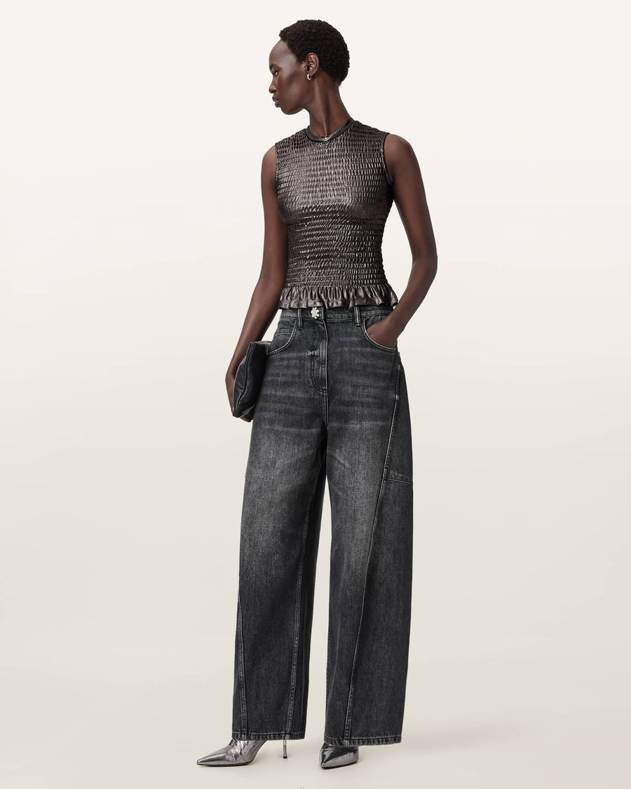 Ode Smocked Metallic Tank Gunmetal Grey
