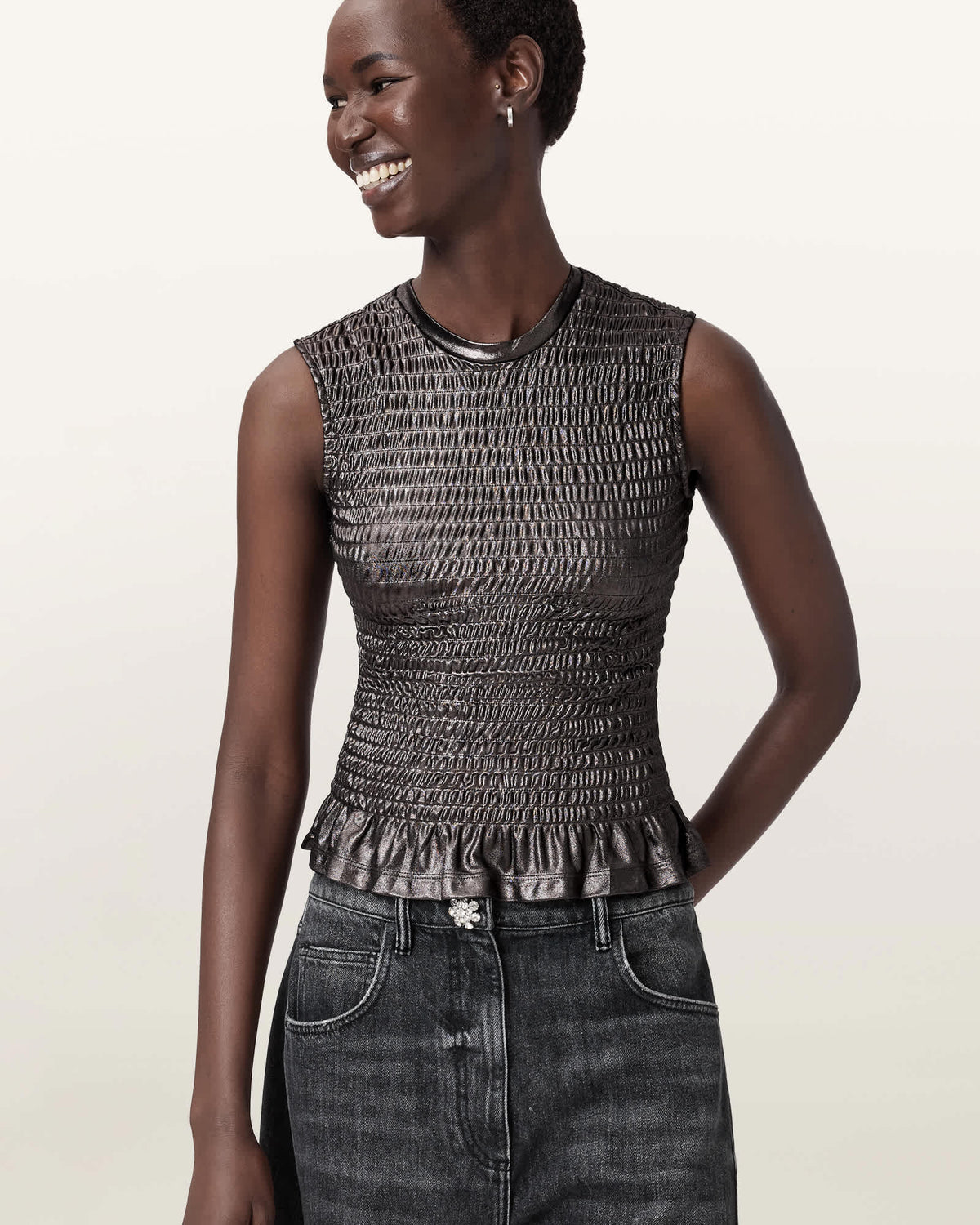 Ode Smocked Metallic Tank Gunmetal Grey
