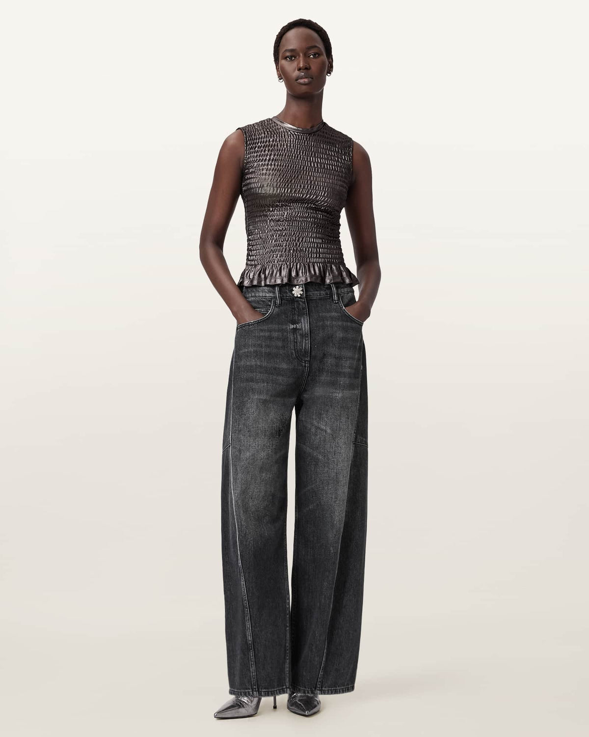 Ode Smocked Metallic Tank Gunmetal Grey