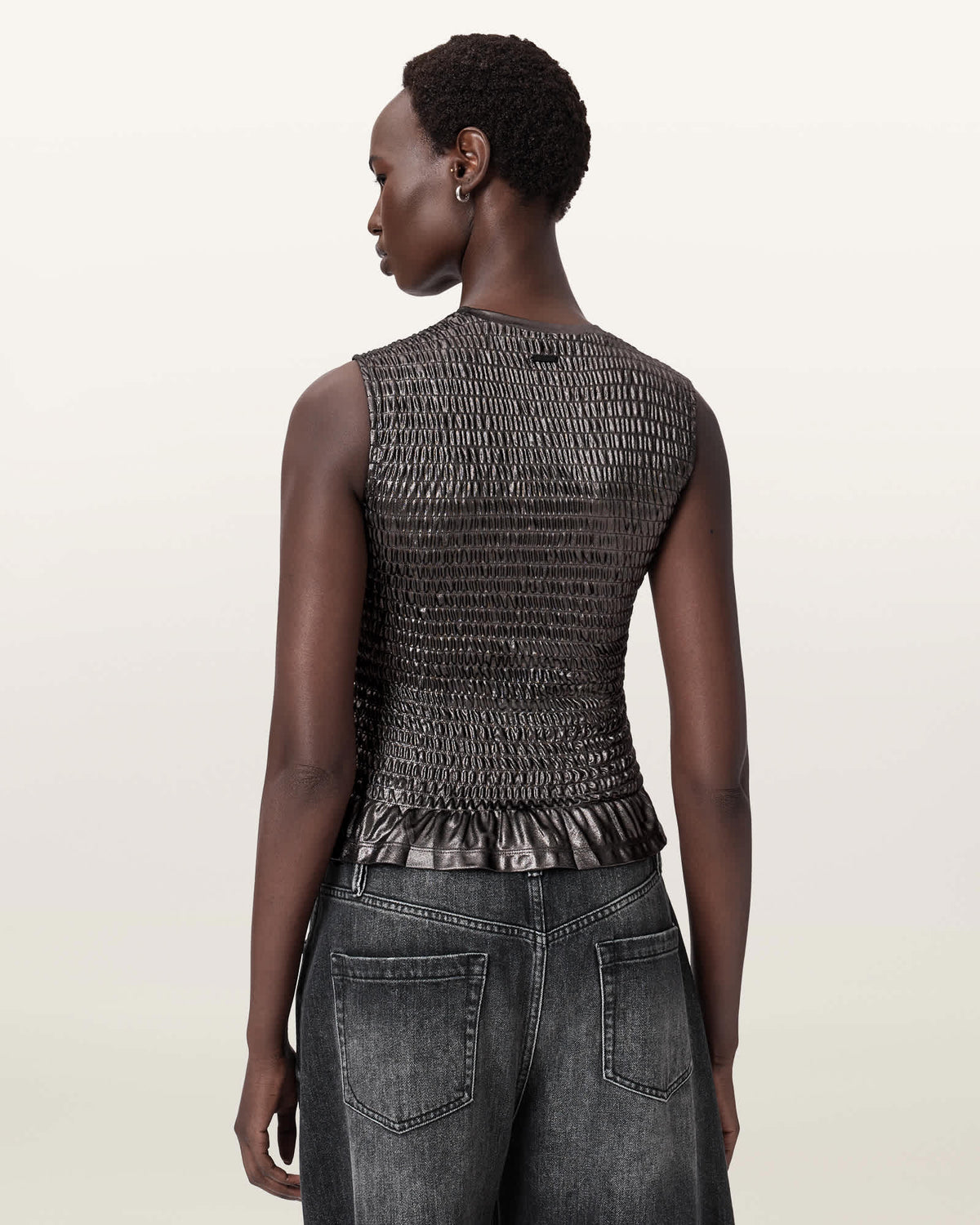 Ode Smocked Metallic Tank Gunmetal Grey