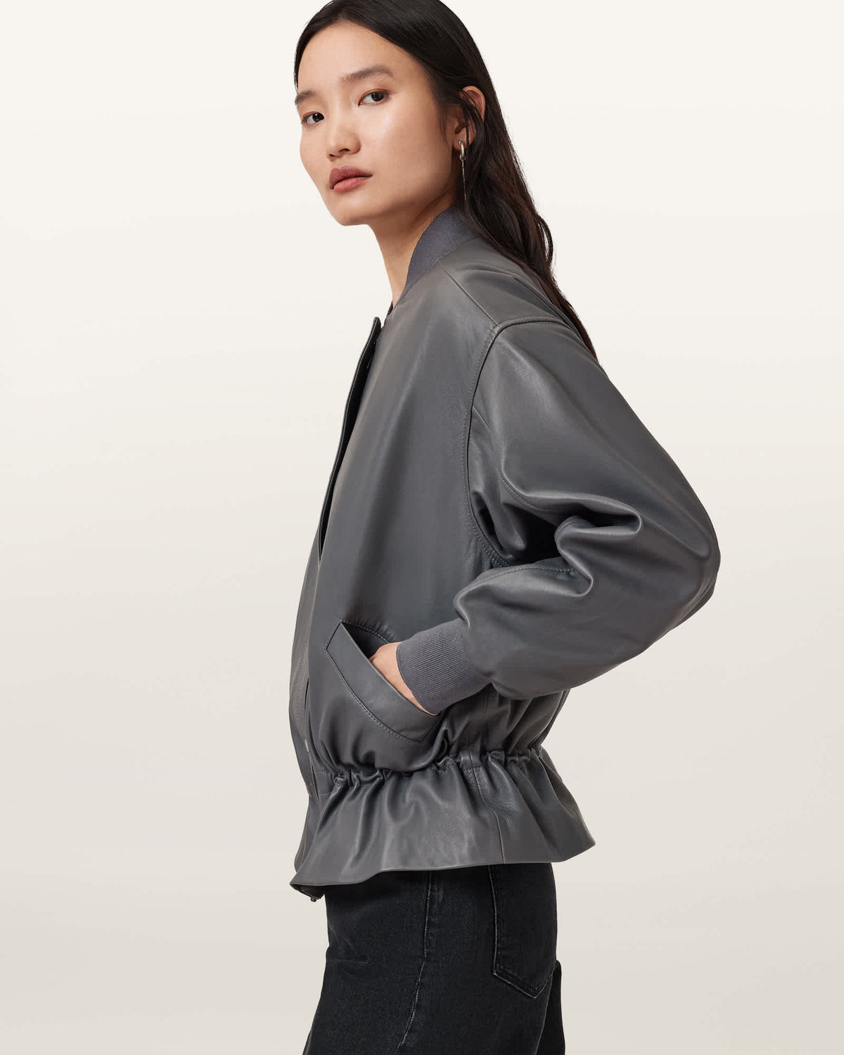 Sofi Drawstring Leather Bomber Jacket GRAPHITE BLUE