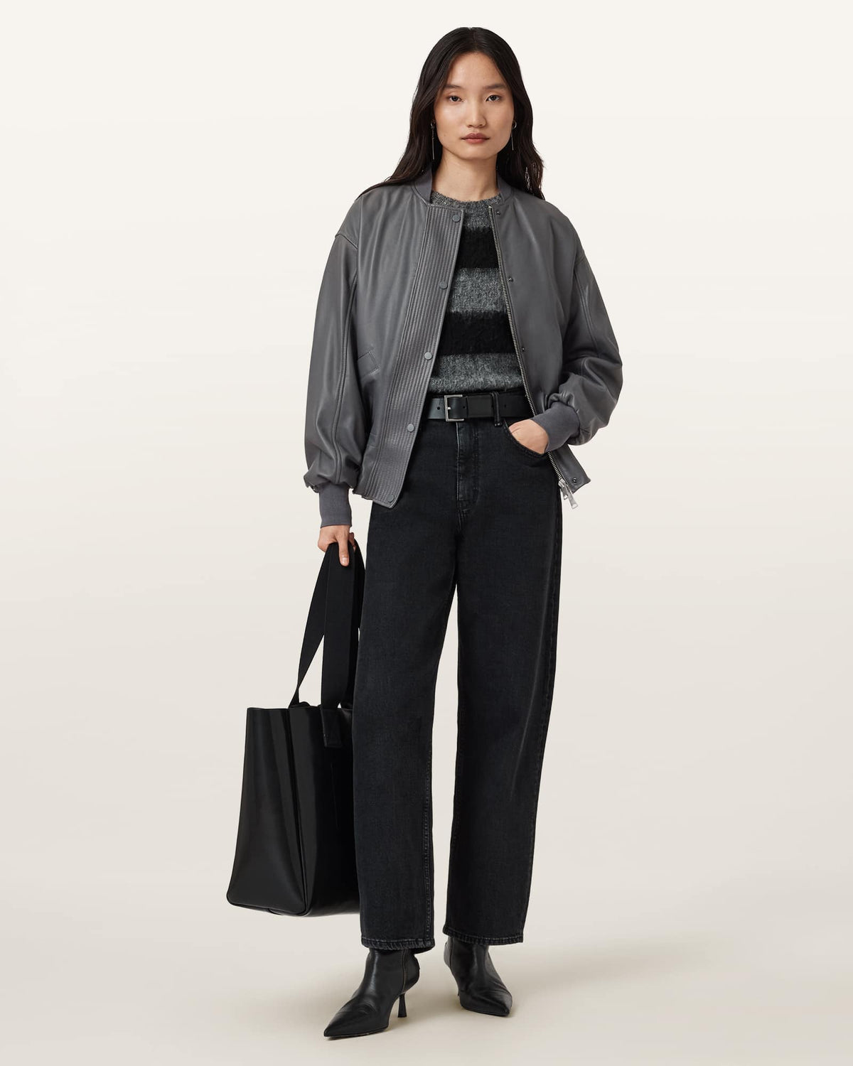 Sofi Drawstring Leather Bomber Jacket GRAPHITE BLUE