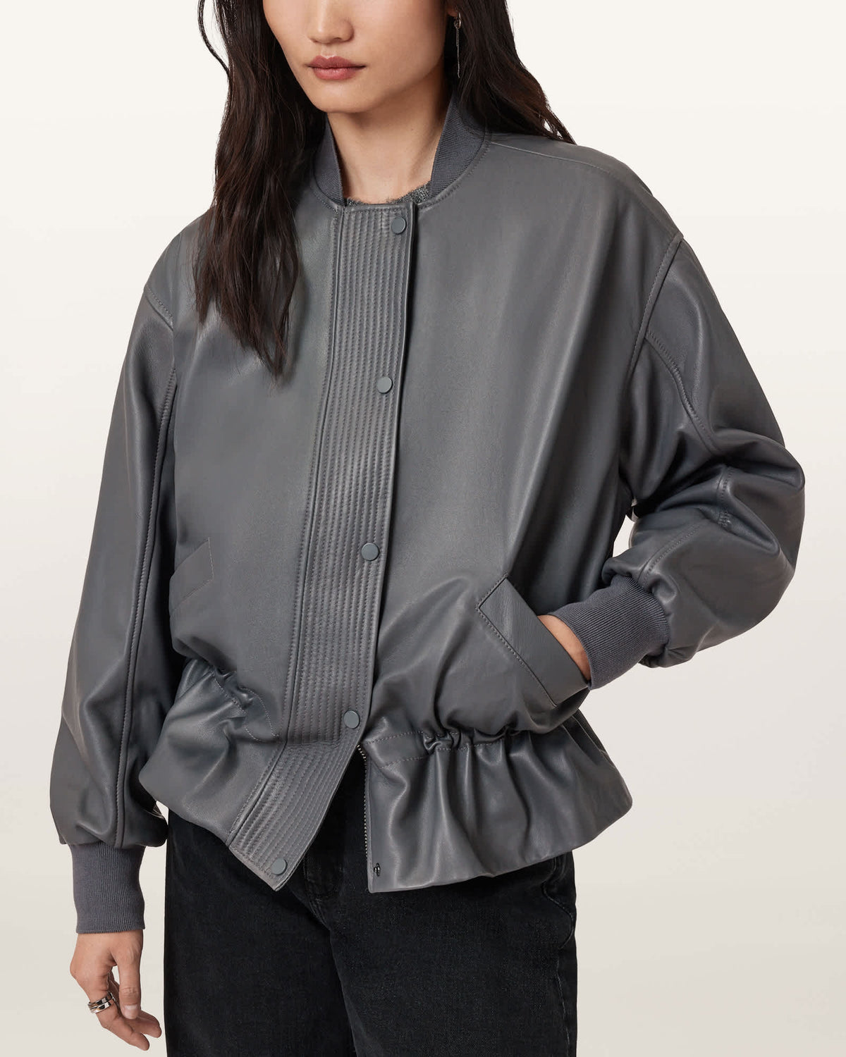 Sofi Drawstring Leather Bomber Jacket GRAPHITE BLUE