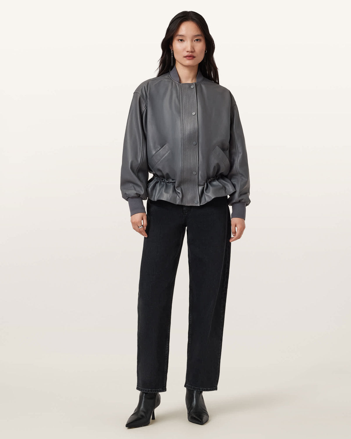 Sofi Drawstring Leather Bomber Jacket GRAPHITE BLUE