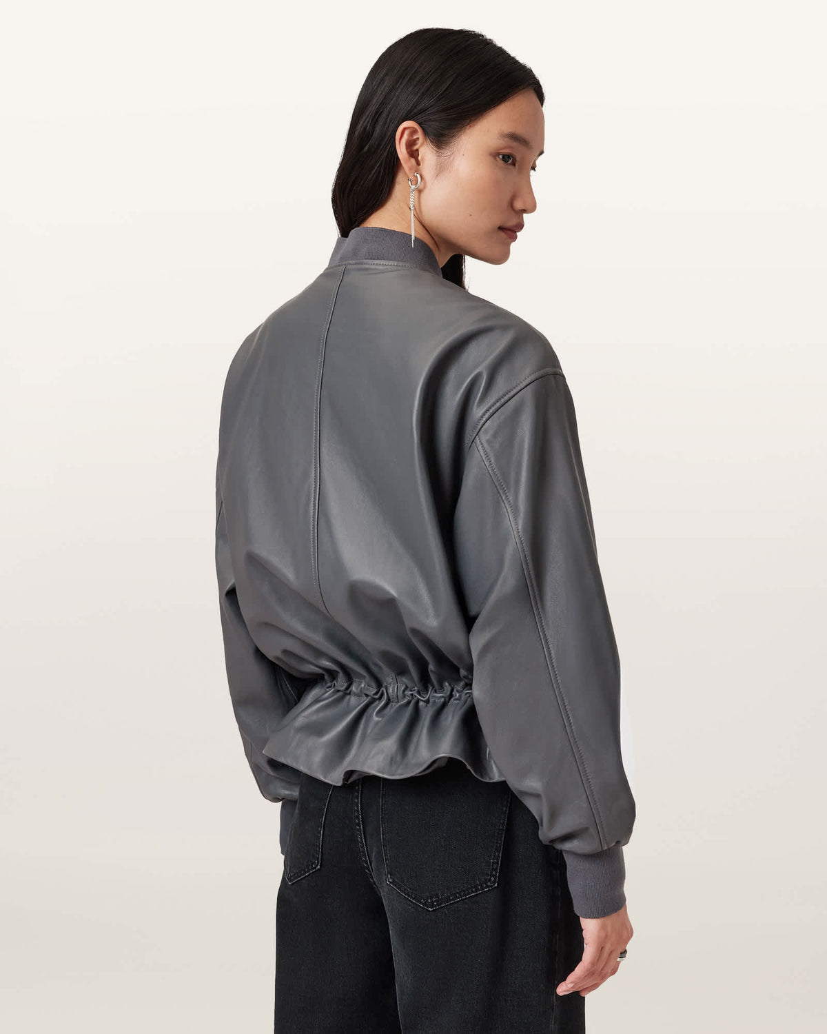Sofi Drawstring Leather Bomber Jacket GRAPHITE BLUE